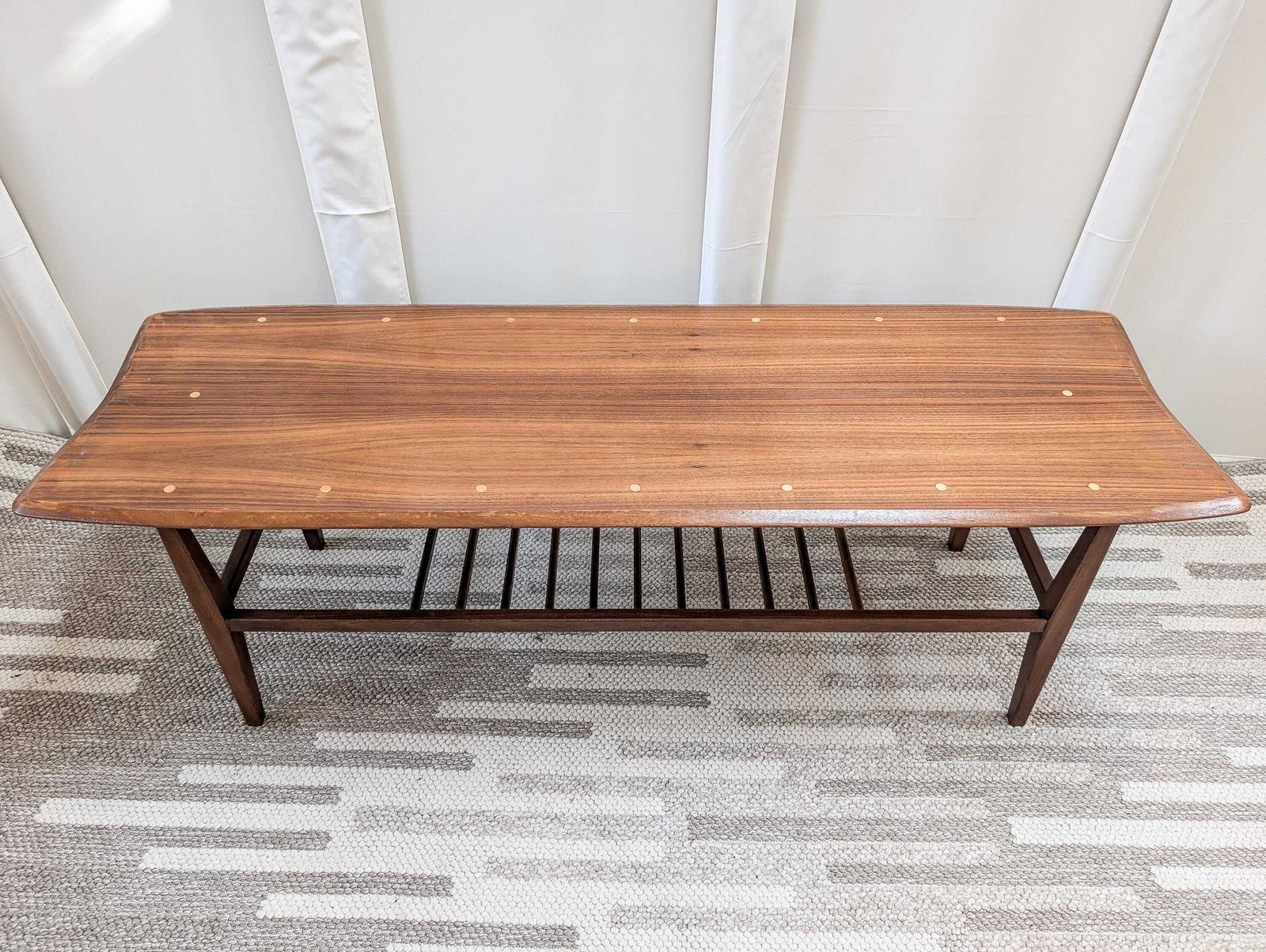 Vintage 1960s Everest Teak & Walnut Inlay Petite Coffee Table Magazine Shelf. Mid Century Modern.