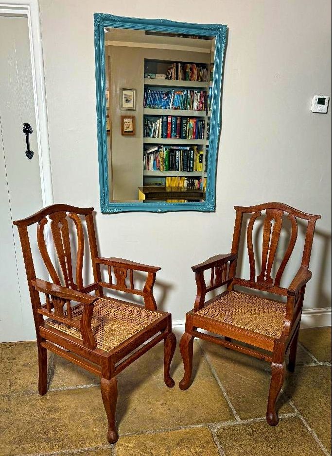 Pair Of Vintage Mahogany Carver Chairs, Rattan Seats