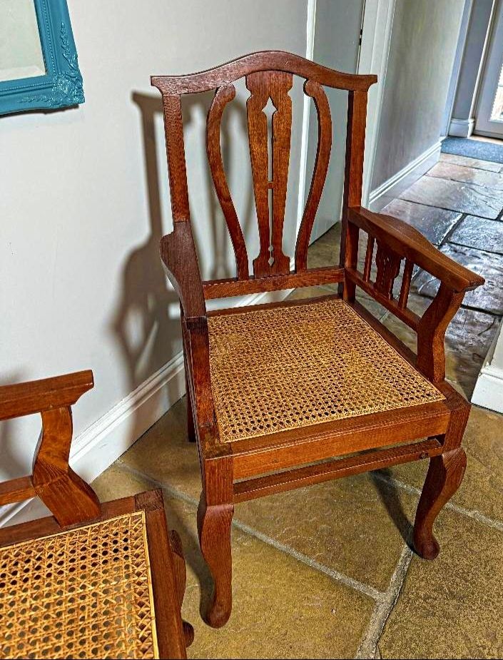 Pair Of Vintage Mahogany Carver Chairs, Rattan Seats photo for sale