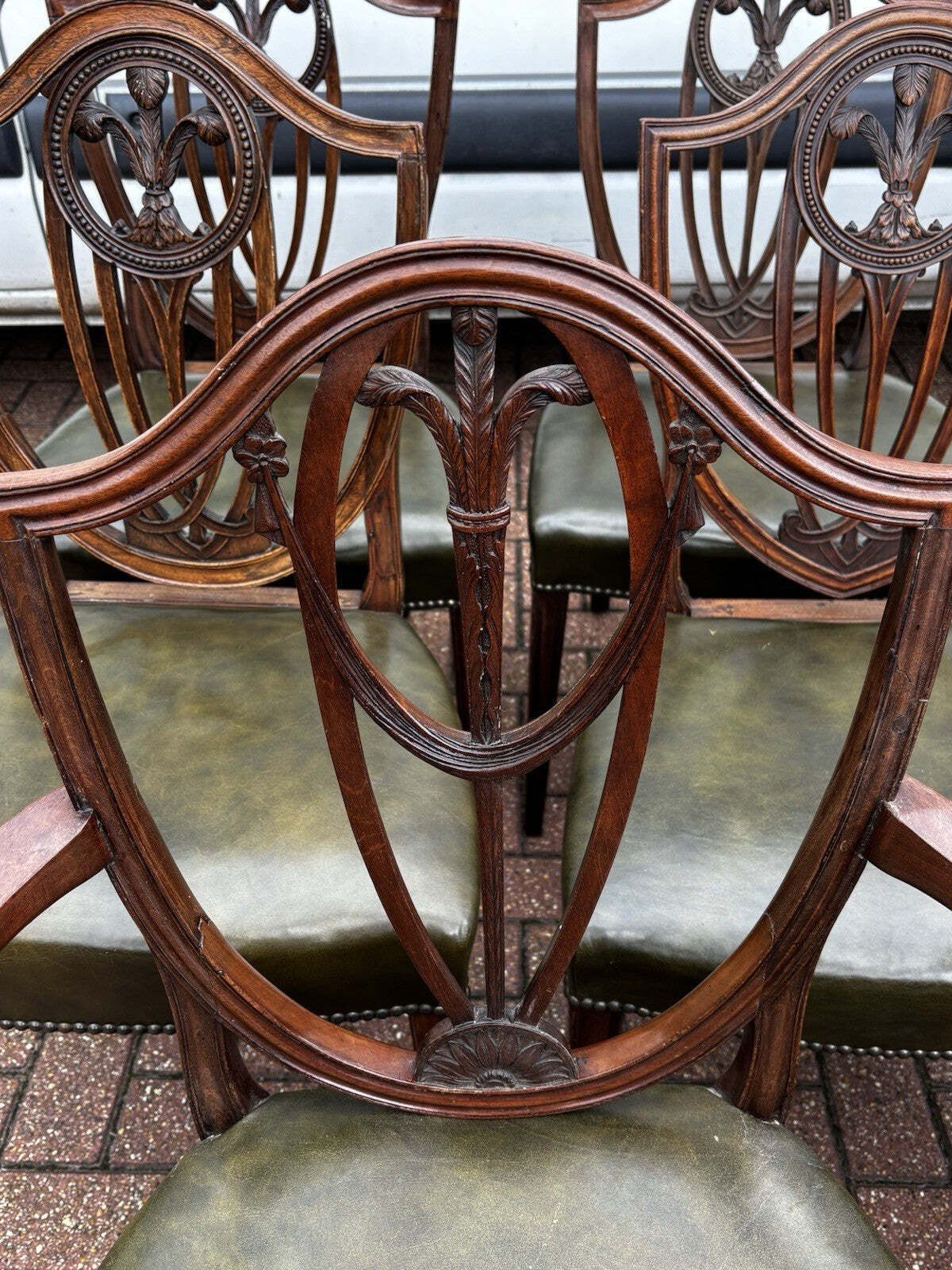 8 Hepplewhite Dining Chairs. Green Leather Upholstery. Prince Of Wales Feathers photo for sale