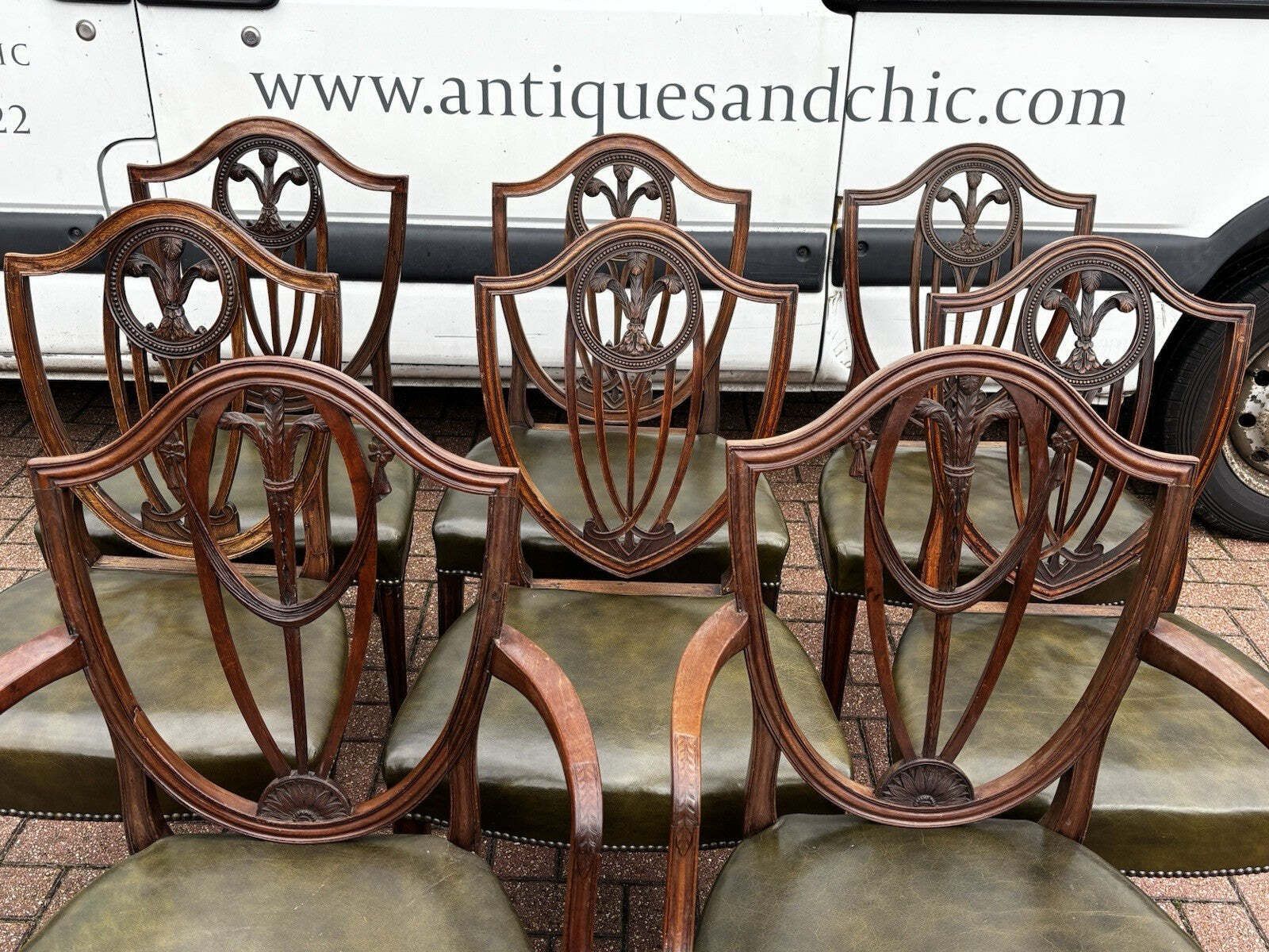 8 Hepplewhite Dining Chairs. Green Leather Upholstery. Prince Of Wales Feathers photo 1995.0