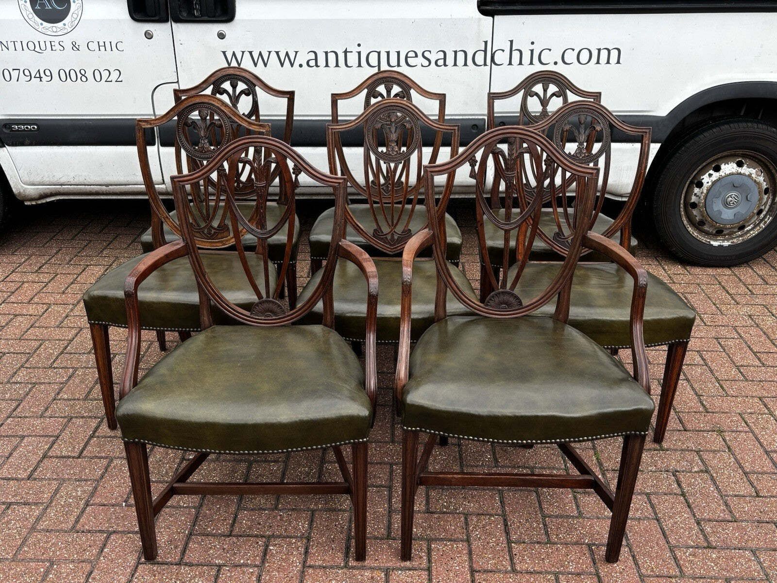 8 Hepplewhite Dining Chairs. Green Leather Upholstery. Prince Of Wales Feathers photo vintage
