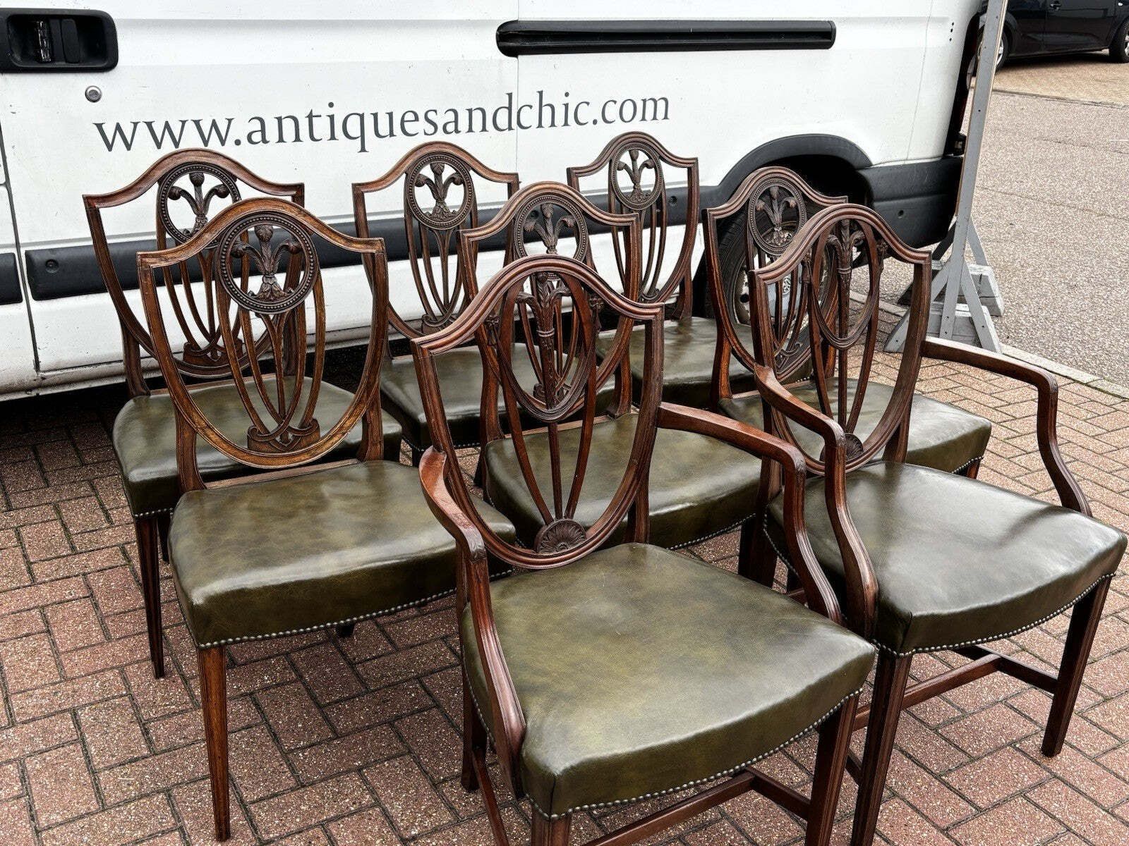 photo furniture 8 Hepplewhite Dining Chairs. Green Leather Upholstery. Prince Of Wales Feathers