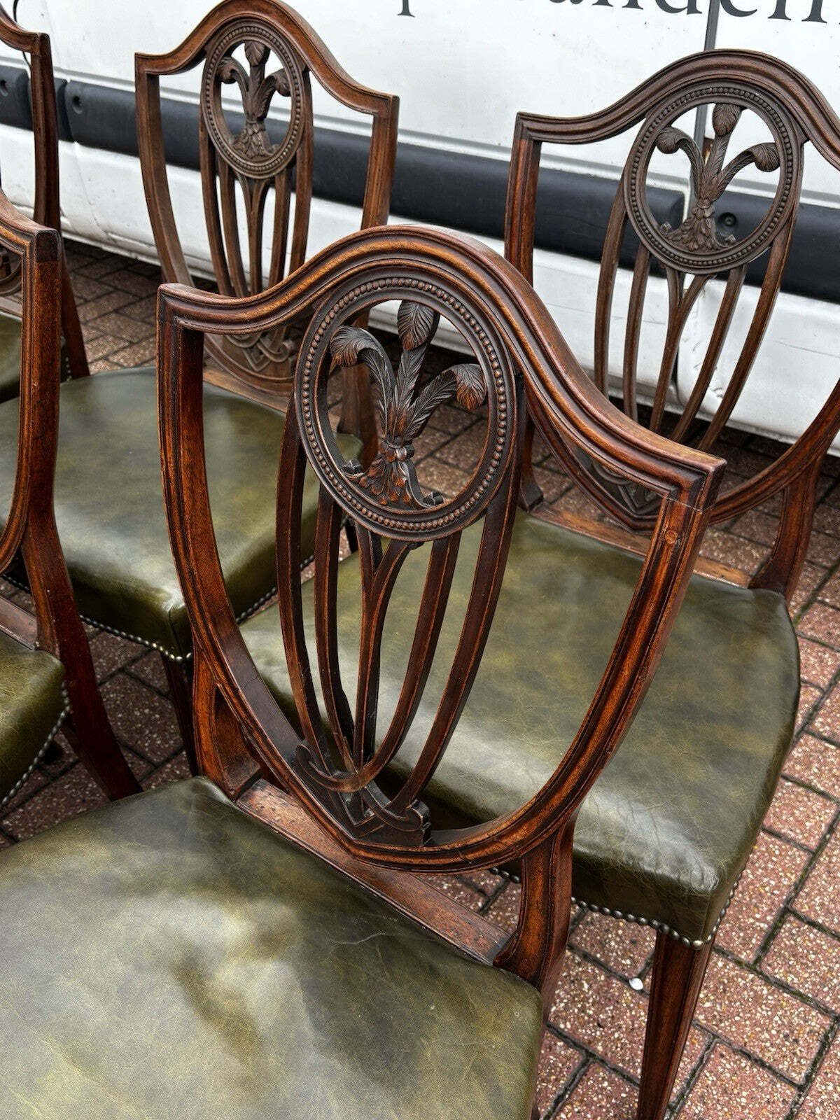 photo for sale 8 Hepplewhite Dining Chairs. Green Leather Upholstery. Prince Of Wales Feathers