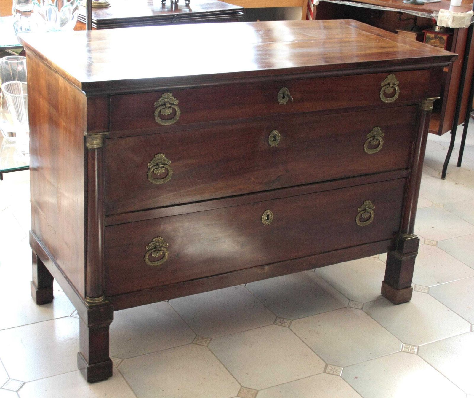 Empire Chest Of Drawers In Walnut With Bronze Details, 19th Century, Italy