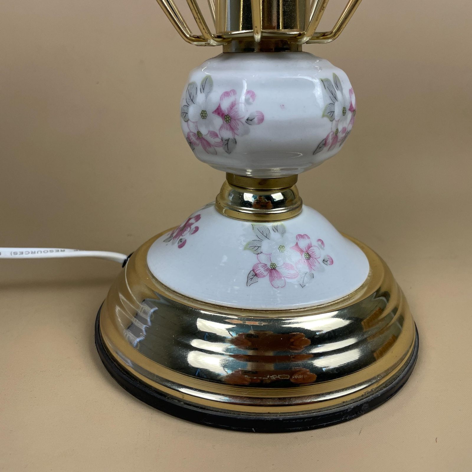 Vintage Gold Lamp Pink Glass 3d Floral Pattern Shades Table Lamp Ornate Intricate Detail Metal Side Light Ceramic Base Flowers Brass photo for sale