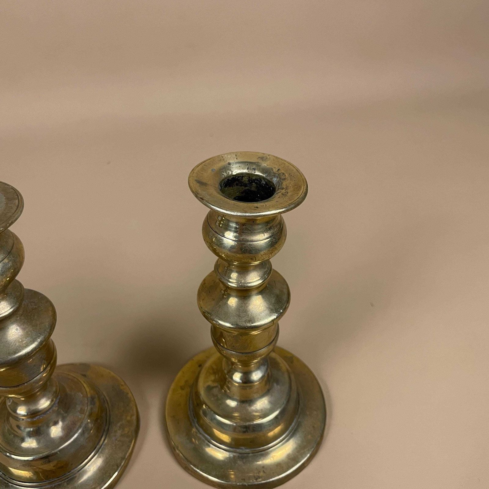 Antique Matching Pair Of Gold Brass Metal Candlestick Candle Stick Holder Vintage Column Taper Dinner Candlesticks Round Base Ornate photo 50.0