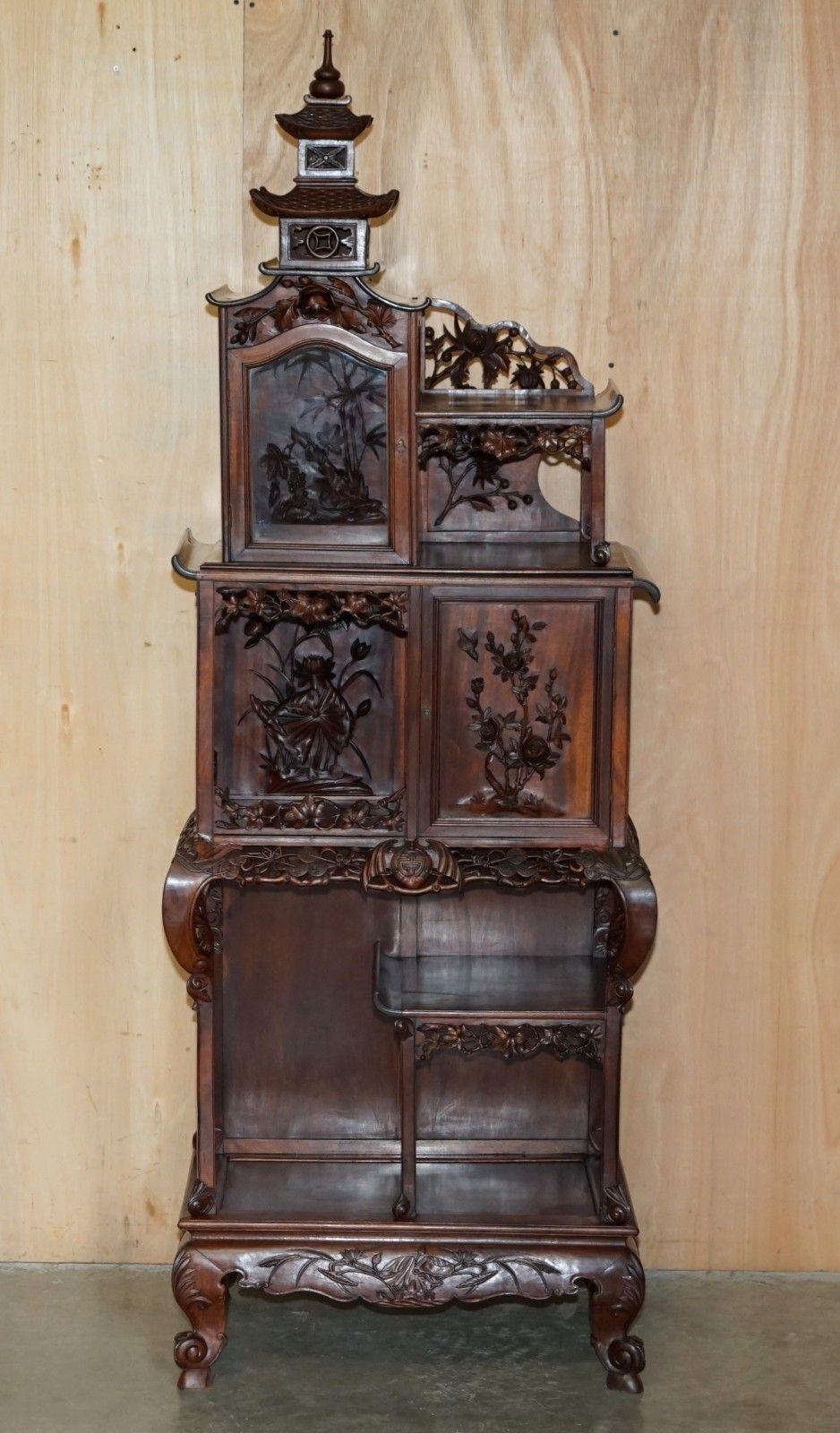 Sublime Antique Chinese Circa 1900 Pagoda Top Display Case Bookcase Cabinet photo for sale
