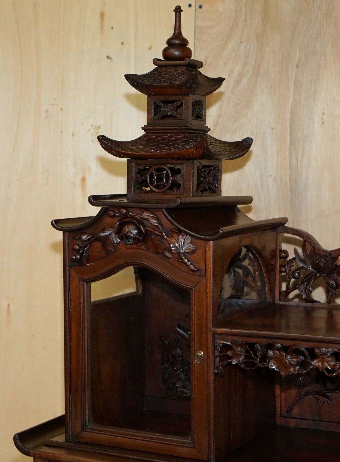 Sublime Antique Chinese Circa 1900 Pagoda Top Display Case Bookcase Cabinet photo buy