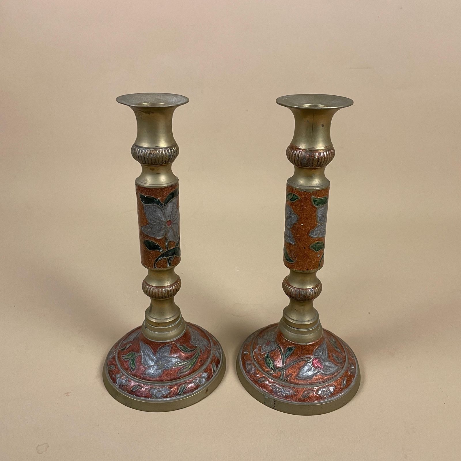 Pair Of 2 Antique Gold Solid Brass Metal Candlestick Candle Stick Vintage Dinner Candlesticks Ornate Pattern Red Enamel Floral Pattern Set photo for sale