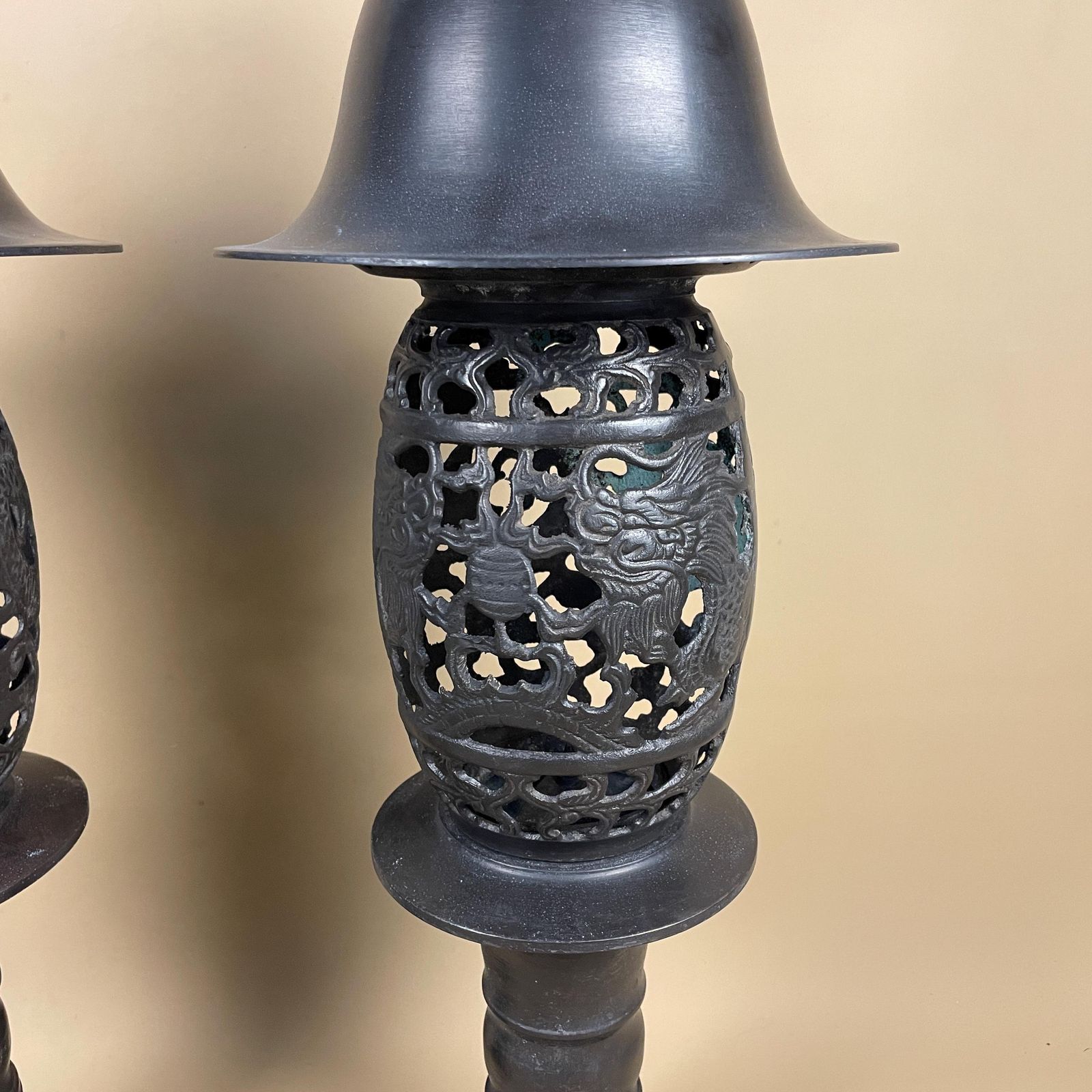 Pair Bronze Temple Lanterns Asian Dragon Design Antique Style Pagoda Lights Vintage Oriental Garden Decor Cast Metal Mid 20th Century Repro photo for sale