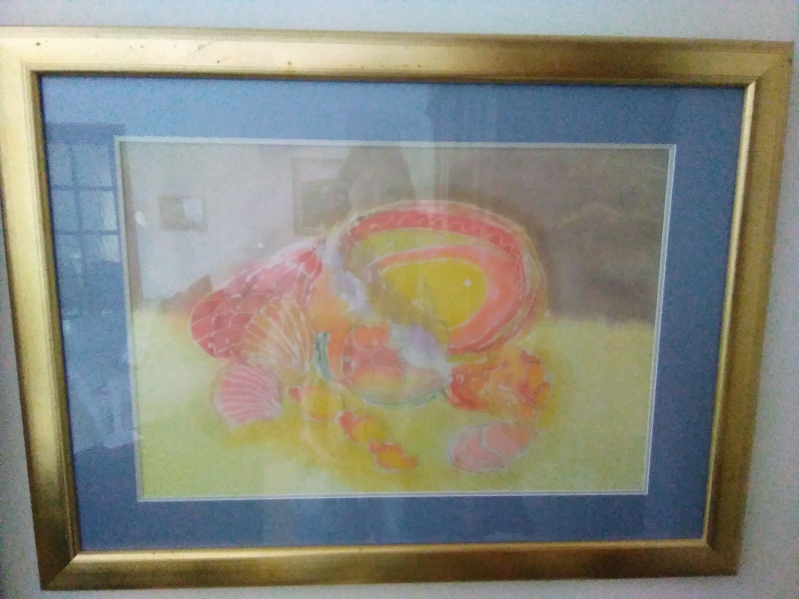 Large Gold Framed Watercolour Wax Batik Pastel Shades Pink Yellow Blue Seashells