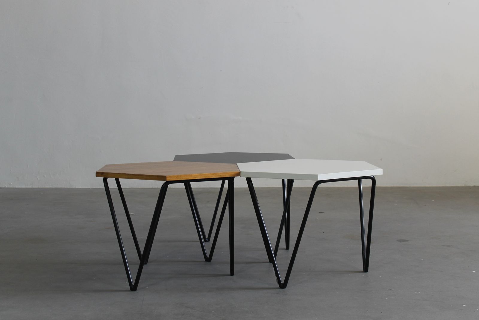 Gio Ponti Set Of Three Hexagonal Coffee Tables In Wood And Metal I.S.A. 1950s photo furniture