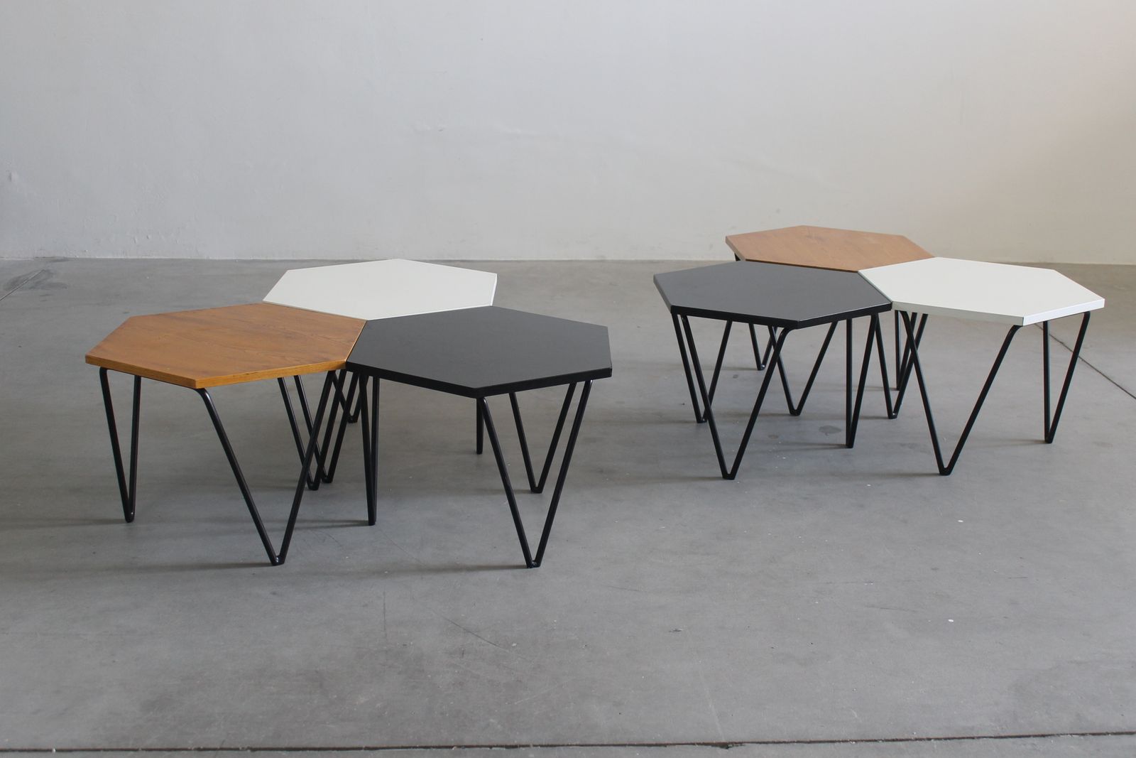 Gio Ponti Set Of Six Hexagonal Coffee Tables In Wood And Metal I.S.A. 1950s photo 11284.0