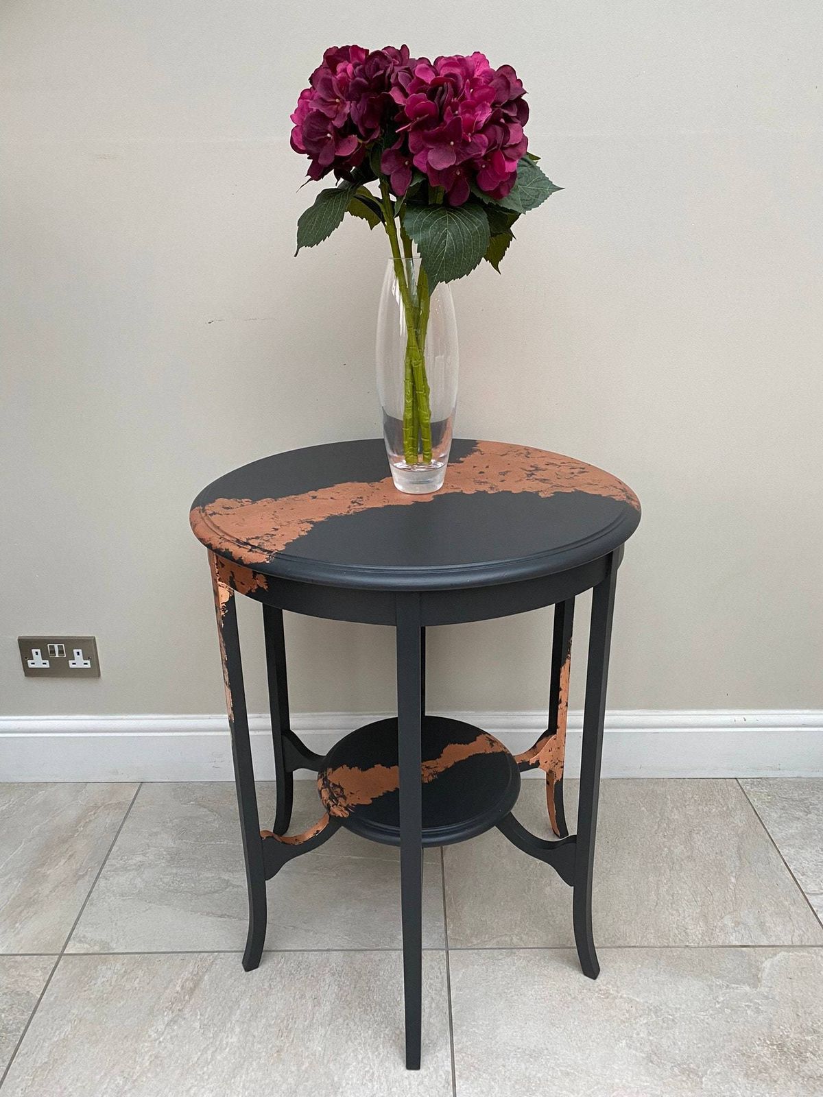 photo furniture Refurbished Antique Solid Mahogany Two Tier Side Table, Painted In Ash Grey Fusion Mineral Paint And Finished With Copper Leaf.