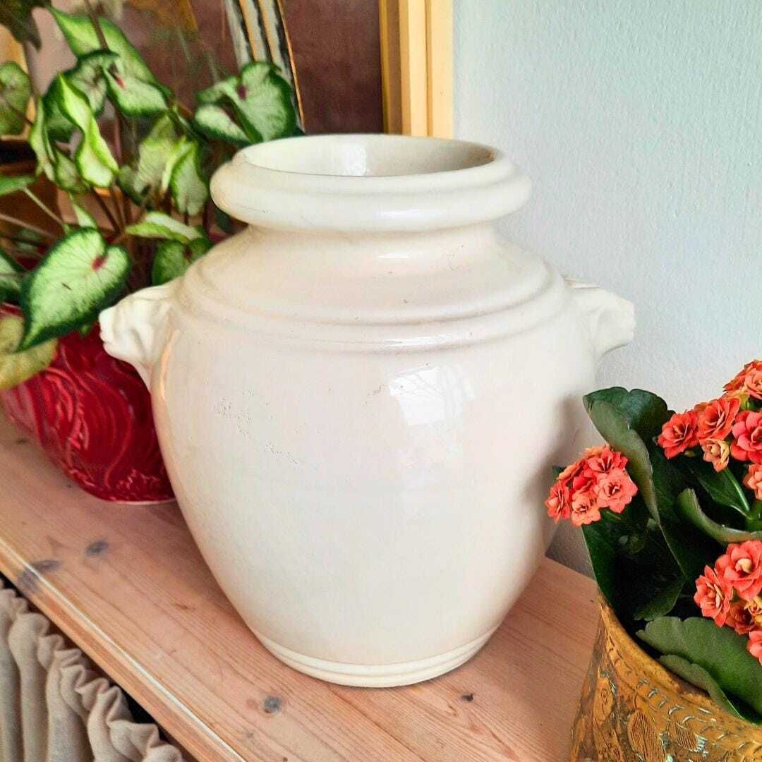 Large Vintage French Provincial Off White Glazed Earthenware Confit Pot photo vintage