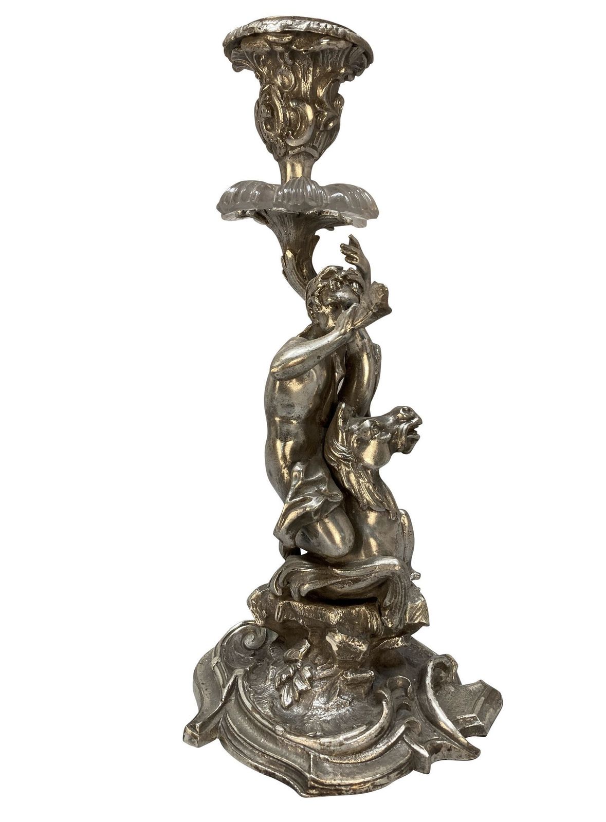 A Pair Of Silvered Bronze Candlesticks Depicting Triton & Nereid photo for sale