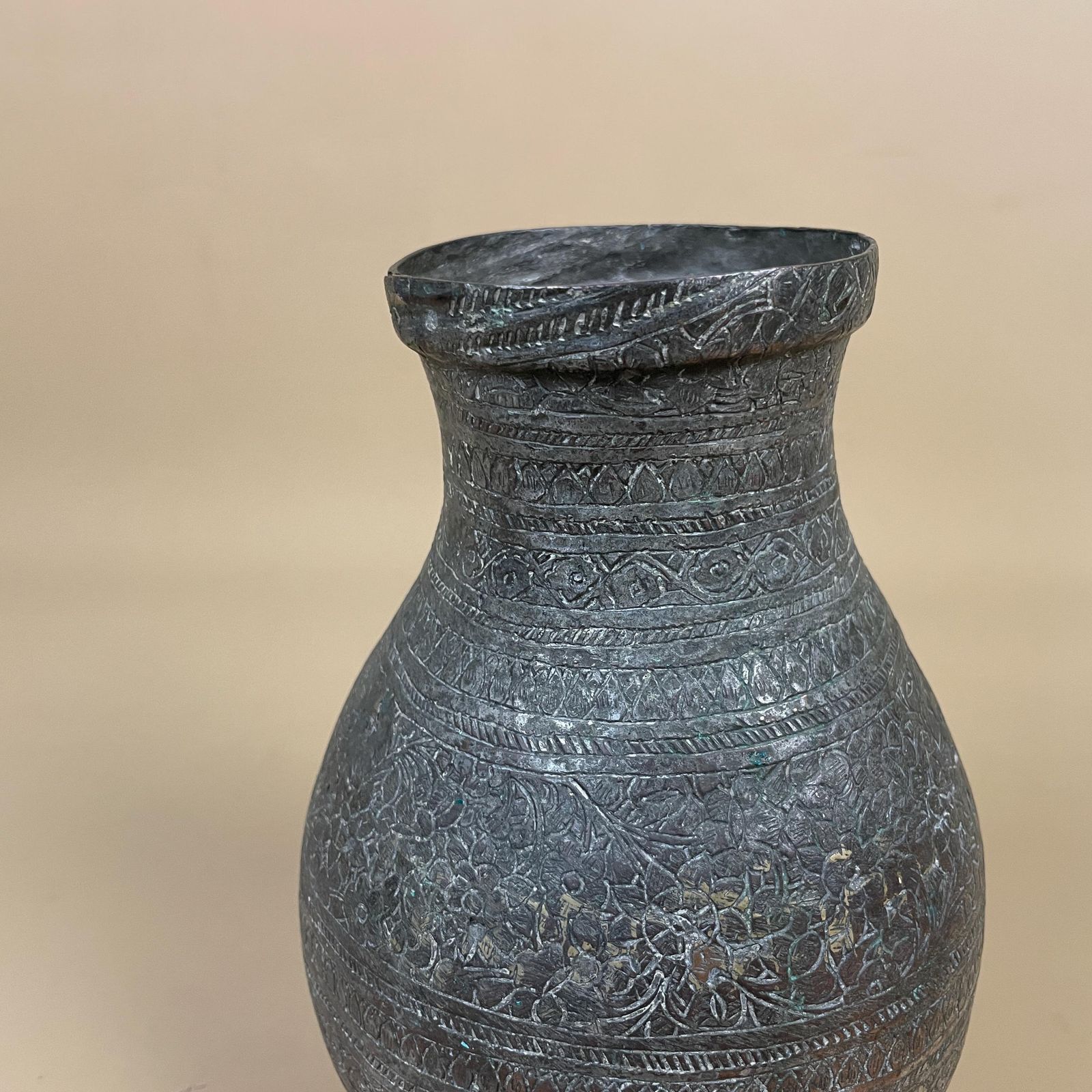 Antique Metal Silver Copper Indian Patterned Plant Pot Vase Jardiniere Asian Handmade Engraved Etched Intricate Vintage Urn Decorative Aged photo furniture