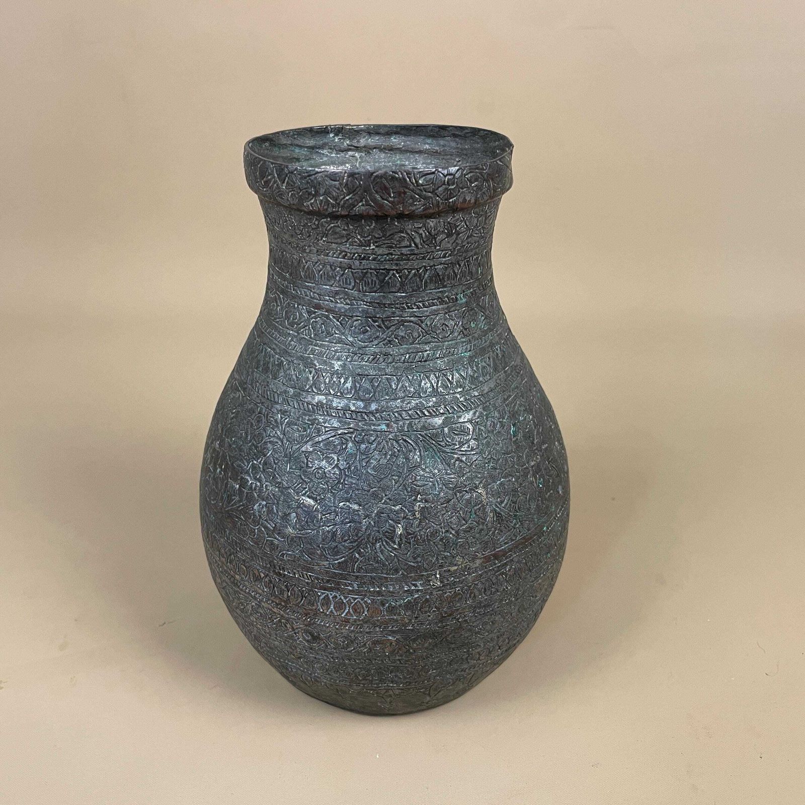 Antique Metal Silver Copper Indian Patterned Plant Pot Vase Jardiniere Asian Handmade Engraved Etched Intricate Vintage Urn Decorative Aged photo 61.0