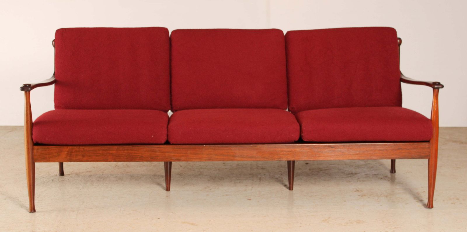 Danish Mid Century Rosewood 3 Seater Sofa With Red Wool Upholstery, Circa 1960s