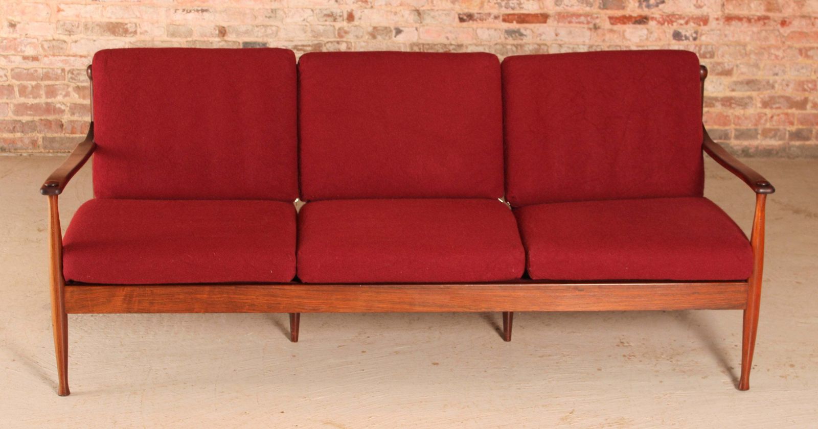 Danish Mid Century Rosewood 3 Seater Sofa With Red Wool Upholstery, Circa 1960s photo for sale
