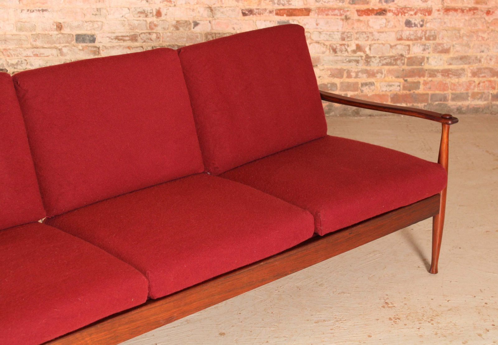Danish Mid Century Rosewood 3 Seater Sofa With Red Wool Upholstery, Circa 1960s photo vinterior