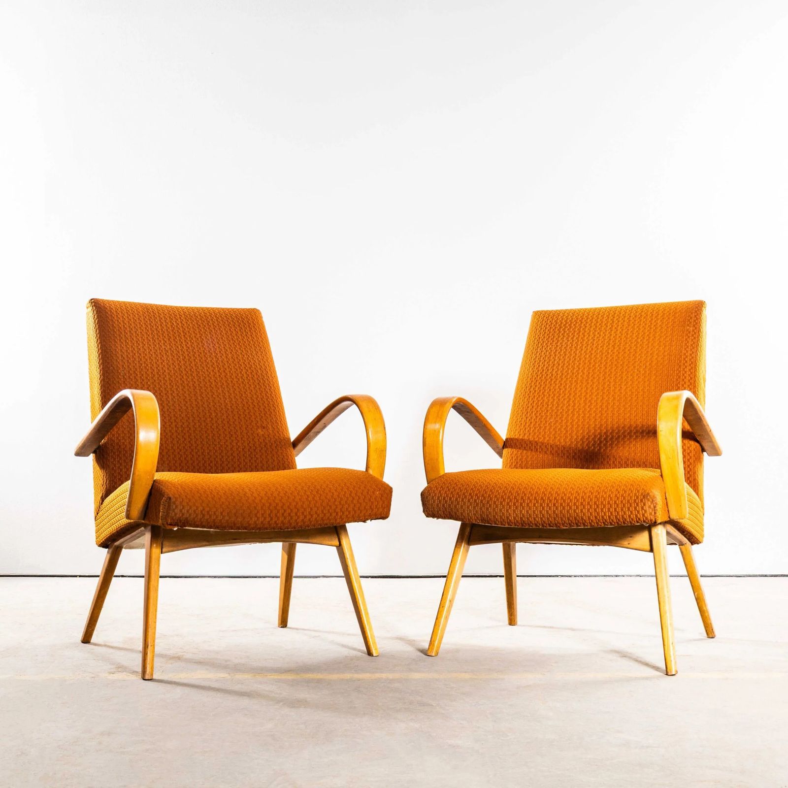 1950’s Jaroslav šmídek Original Armchairs In A Geometric Orange Jacquard – Standard Seat photo for sale