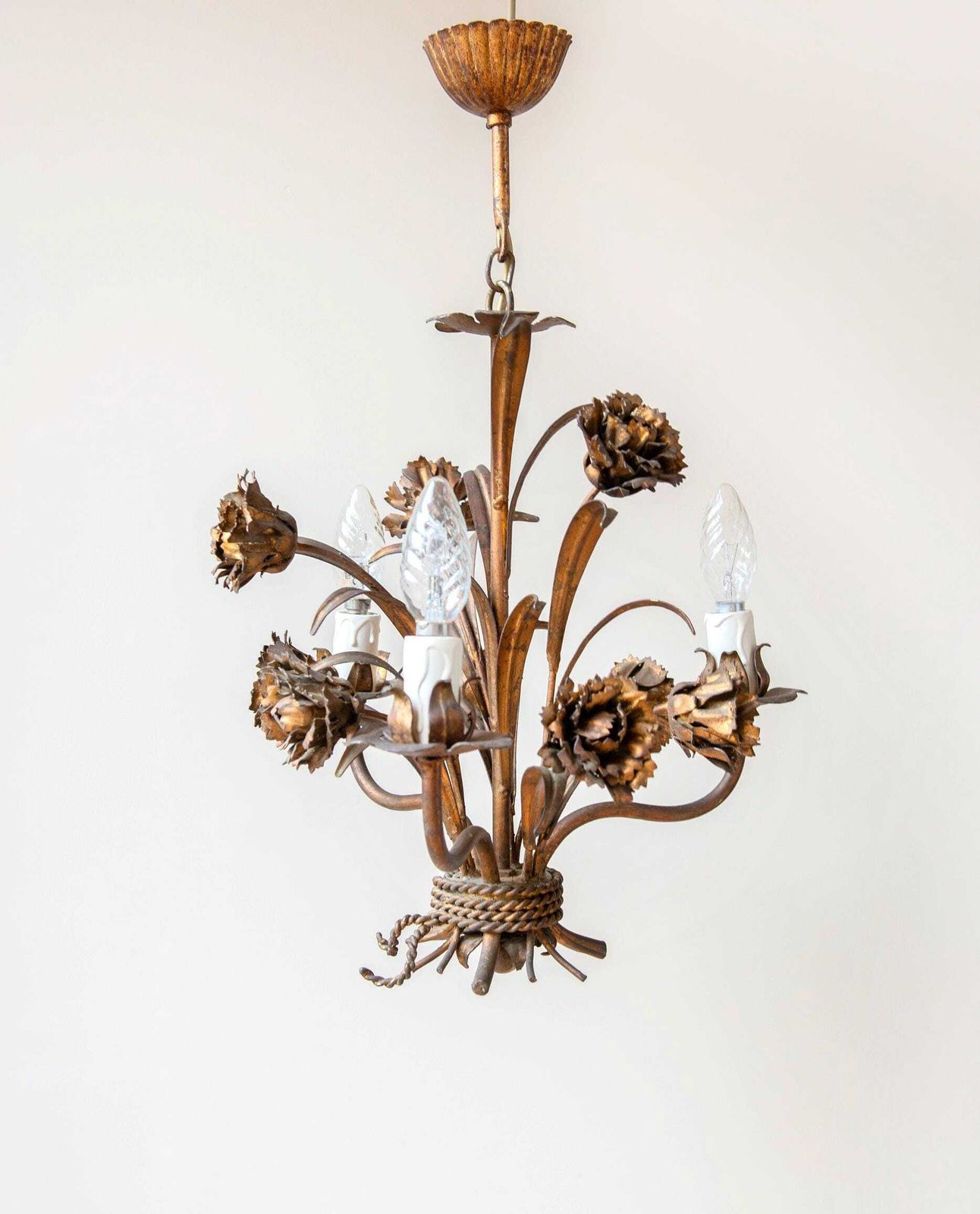 Florentine Chandelier, Italian Hanging Lamp, Gold Leaf Floral Pendant Lamp, Vintage Roses Candelabra, Hollywood Regency, 1960s Design photo 453.0