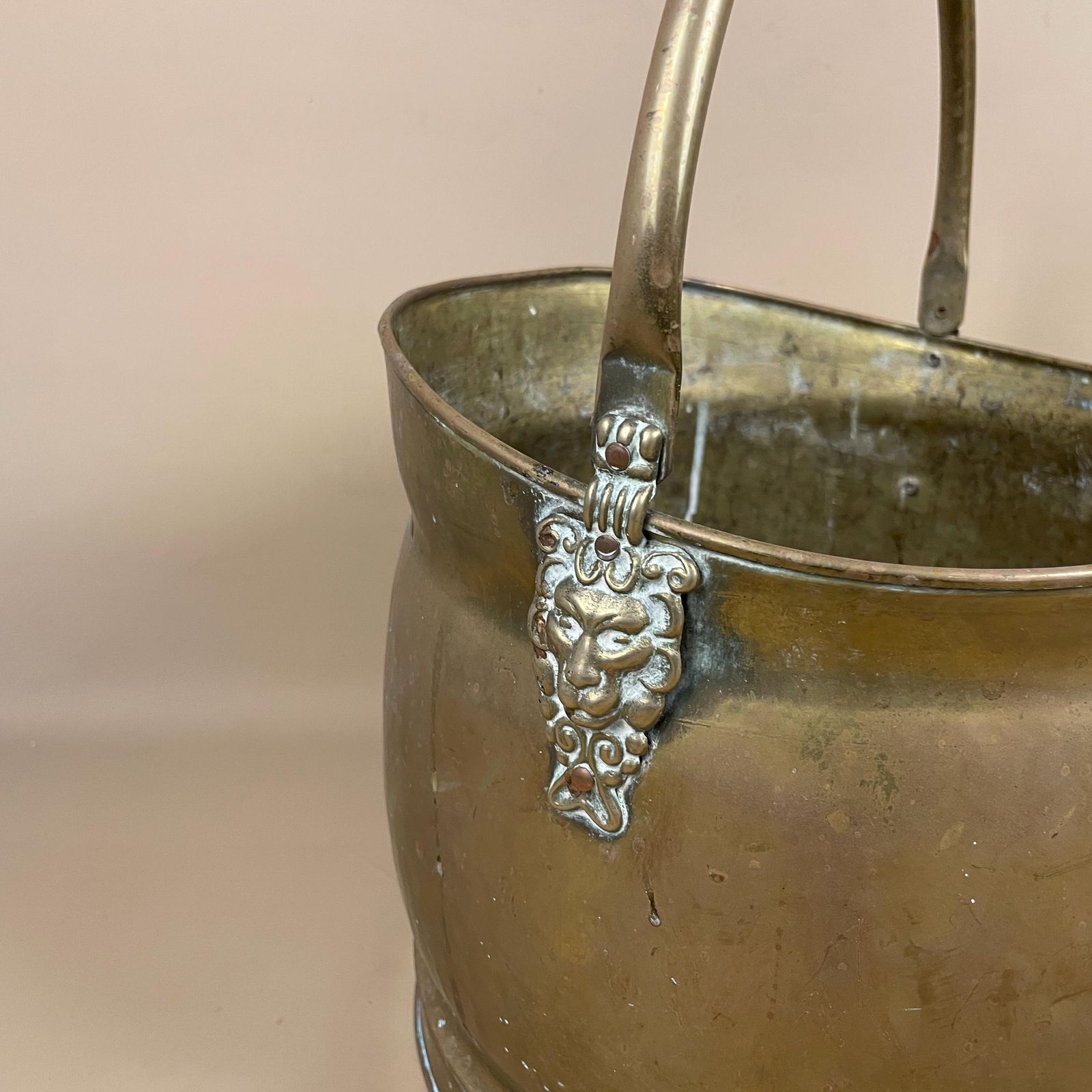 Antique Metal Gold Brass Coal Bucket Handle Fireside Fire Side Scuttle Log Helmet Farmhouse Cottage Aged Patina Vintage Fireplace Lion Faces photo for sale