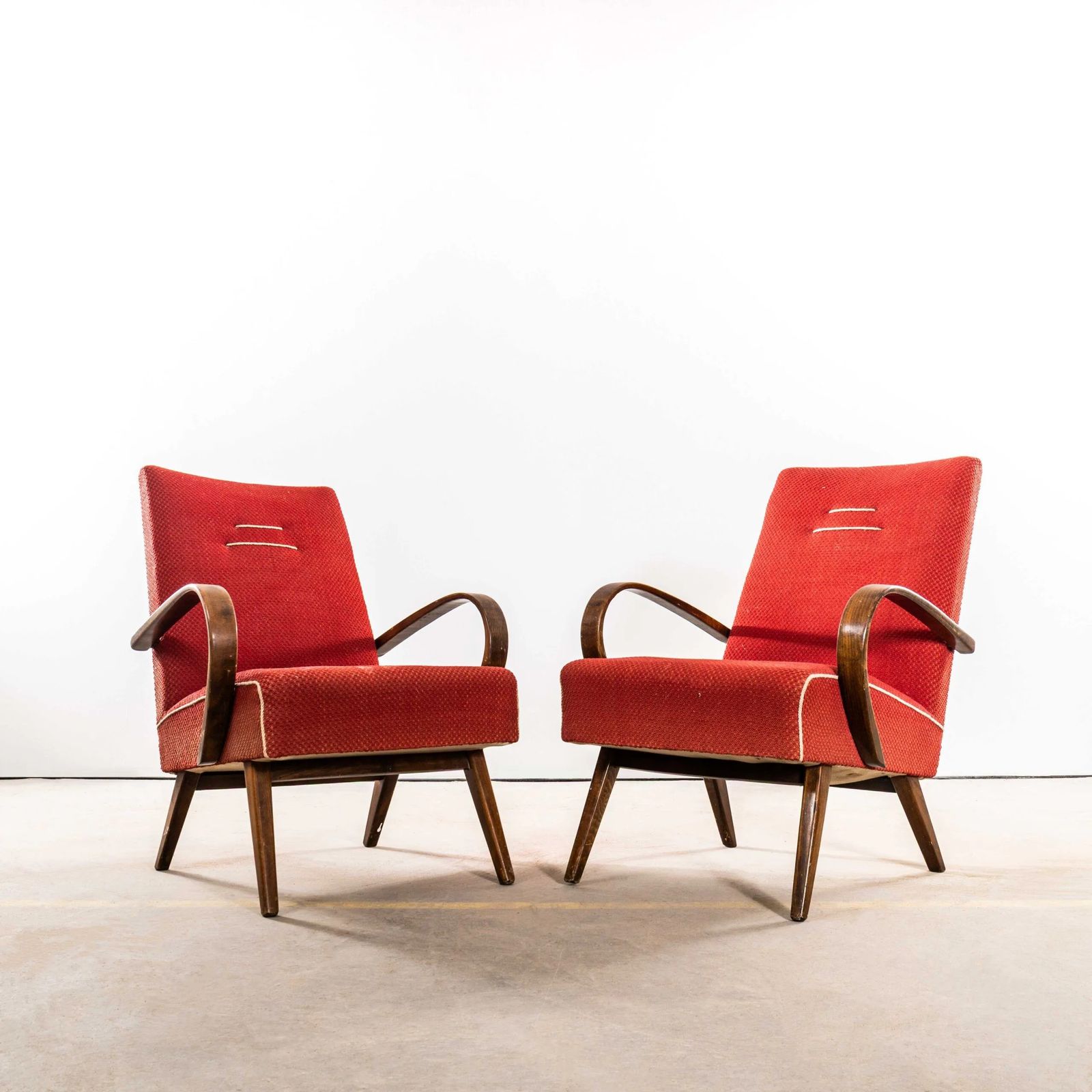 1950’s Jaroslav šmídek Original Armchairs In A Chevron Slub Jacquard – Sprung Seat photo for sale