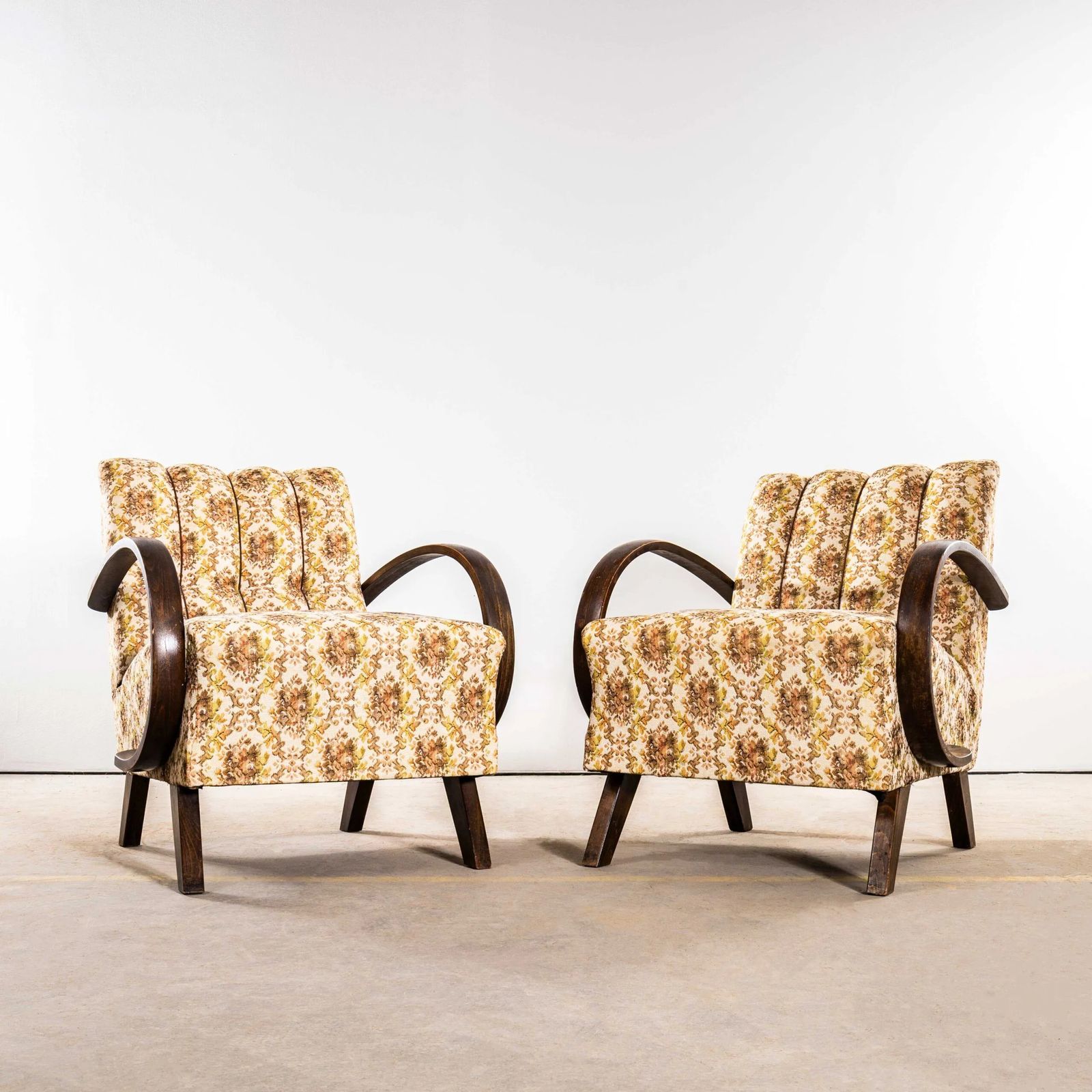 1950’s Jindrich Halabala Armchairs In Original Tapestry Floral Fabric photo for sale
