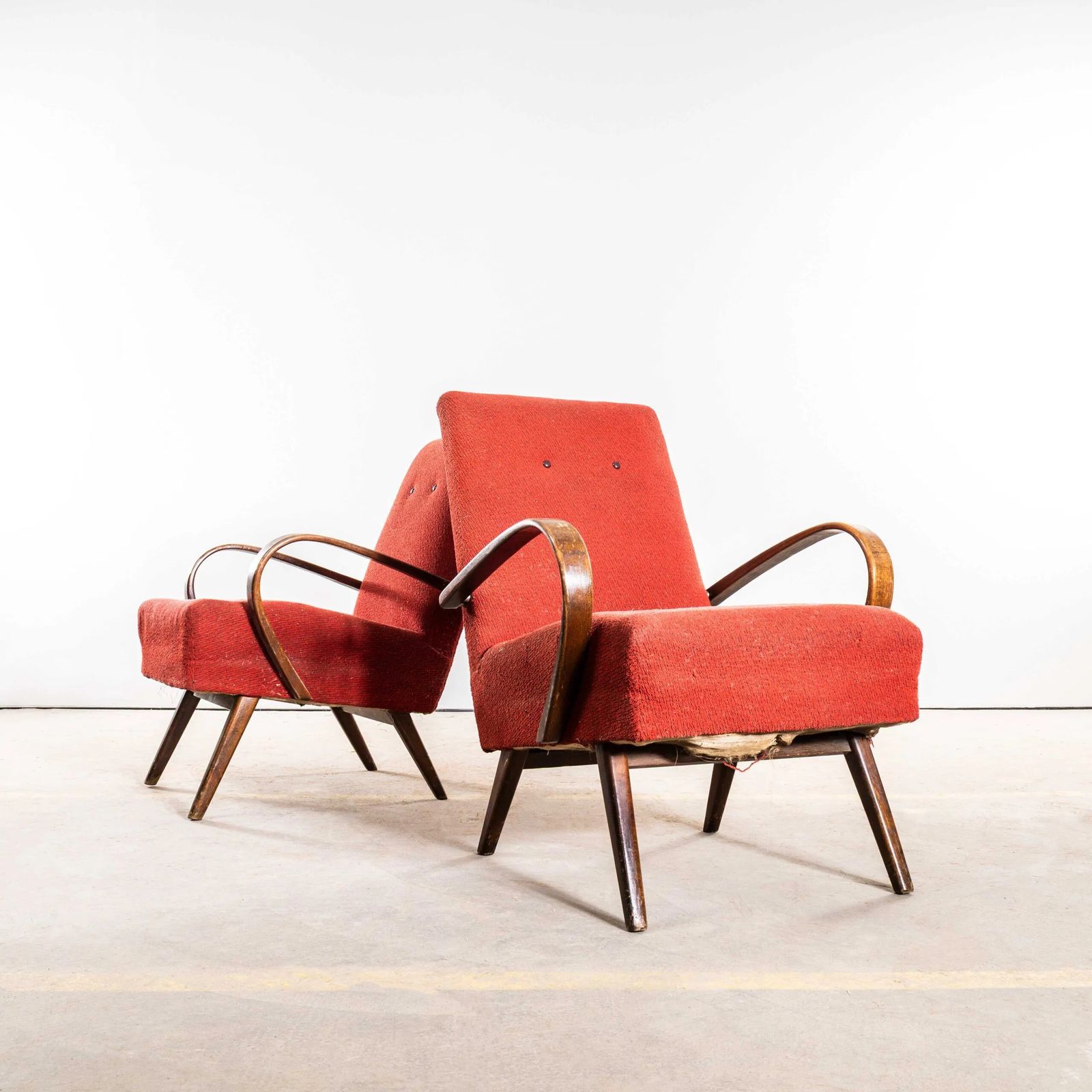 1950’s Jaroslav šmídek Original Armchairs In A Tomato Boucle Geometric Check Fabric With Sprung Seat