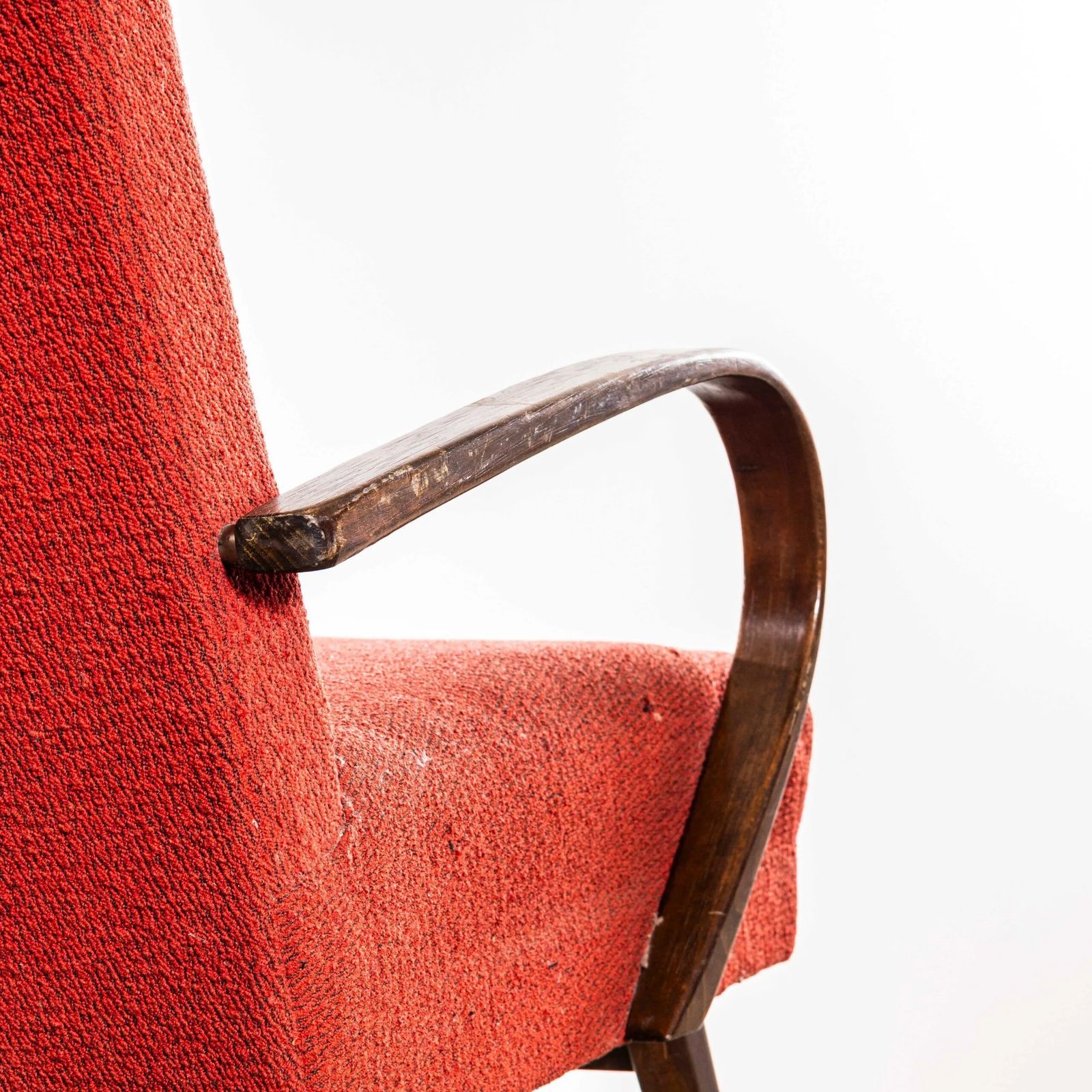 1950’s Jaroslav šmídek Original Armchairs In A Tomato Boucle Geometric Check Fabric With Sprung Seat photo buy