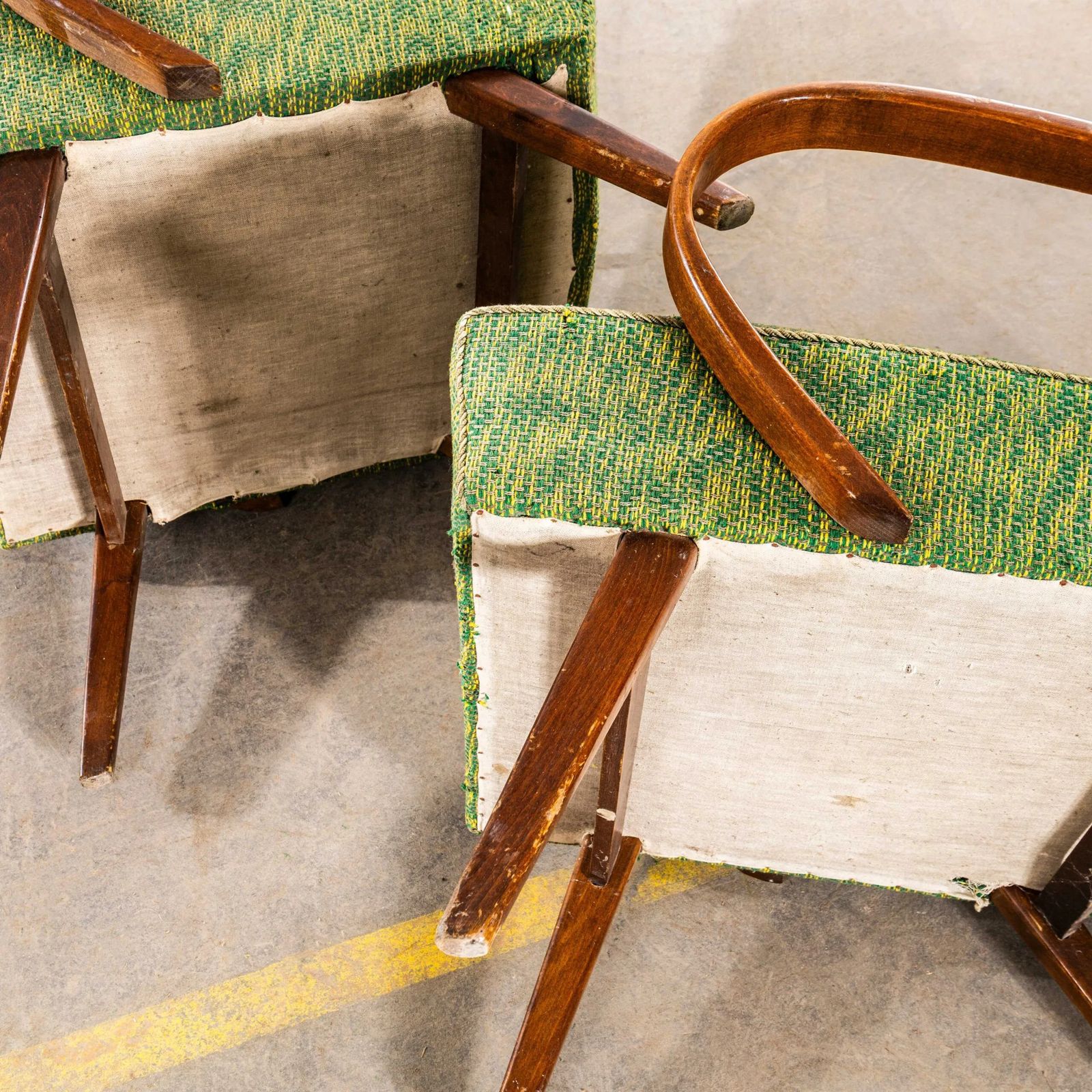 photo furniture 1950’s Jaroslav šmídek Original Armchairs In A Lime Heavy Geometric Weave Fabric With Sprung Seat