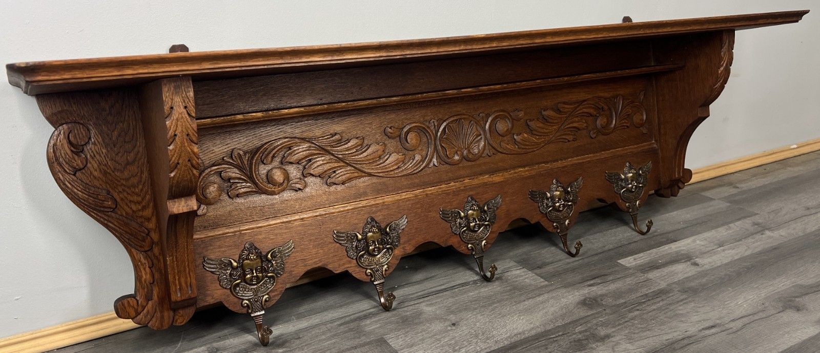 French Vintage Coat Rack Oak 5 Angel Brass Hooks Wall Shelf Carved Coat Lot 4223