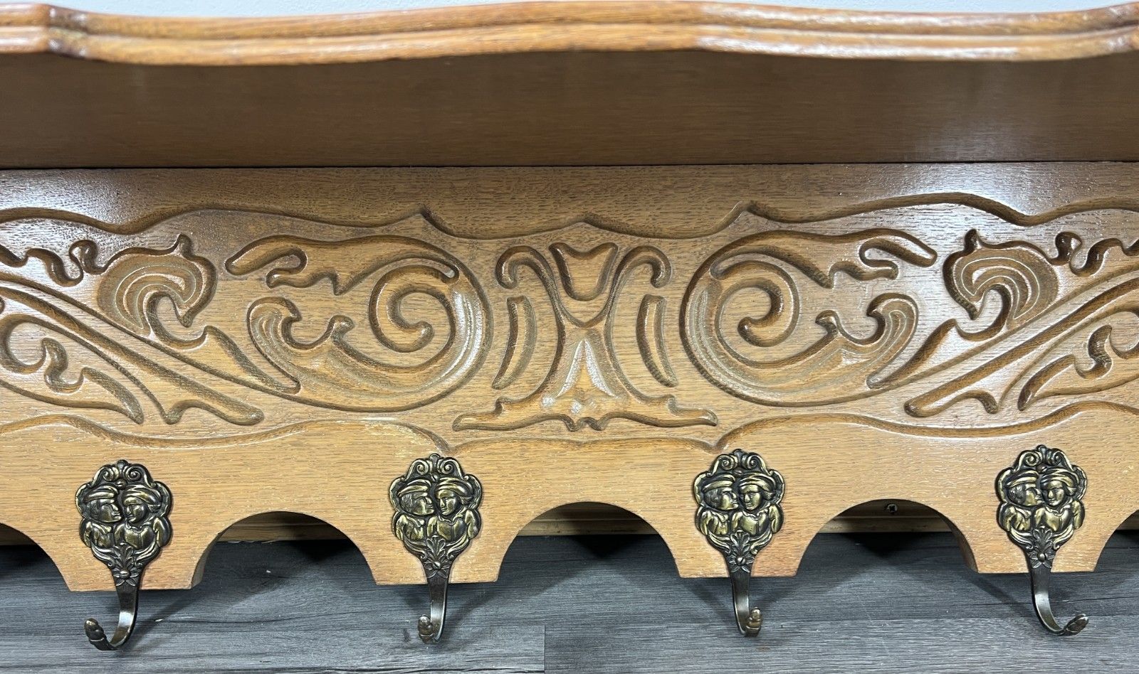 French Vintage Coat Rack Oak 6 Brass Hooks Wall Shelf Carved Coat Lot 4222 photo 269.0