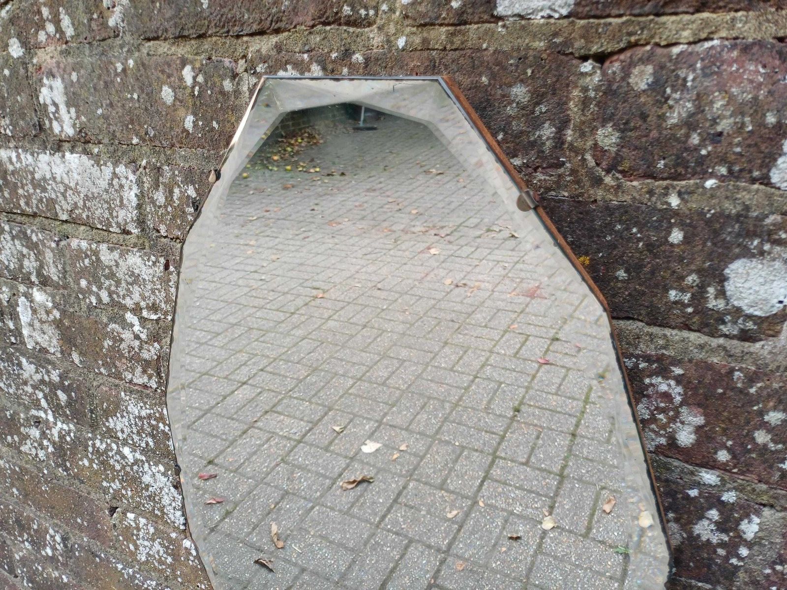 Vintage 1930s/50s Art Deco Frameless Wall Mirror, Original Bevelled Glass With Chain, Authentic Retro Mid Century Mirror, Diamond Shape photo for sale