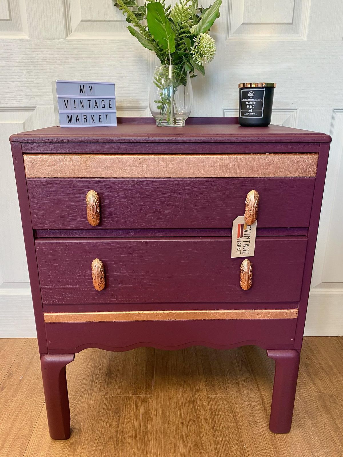 Refurbished 1940s Chest Of Drawers In Aubergine With Copper Highlights
