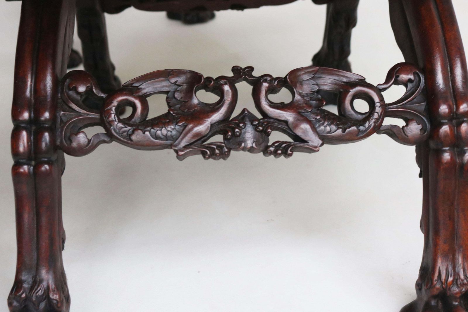 Rare Pair Of Gothic Revival Stools By Victor Aimone 19th Century Lion Heads Oak photo vintage