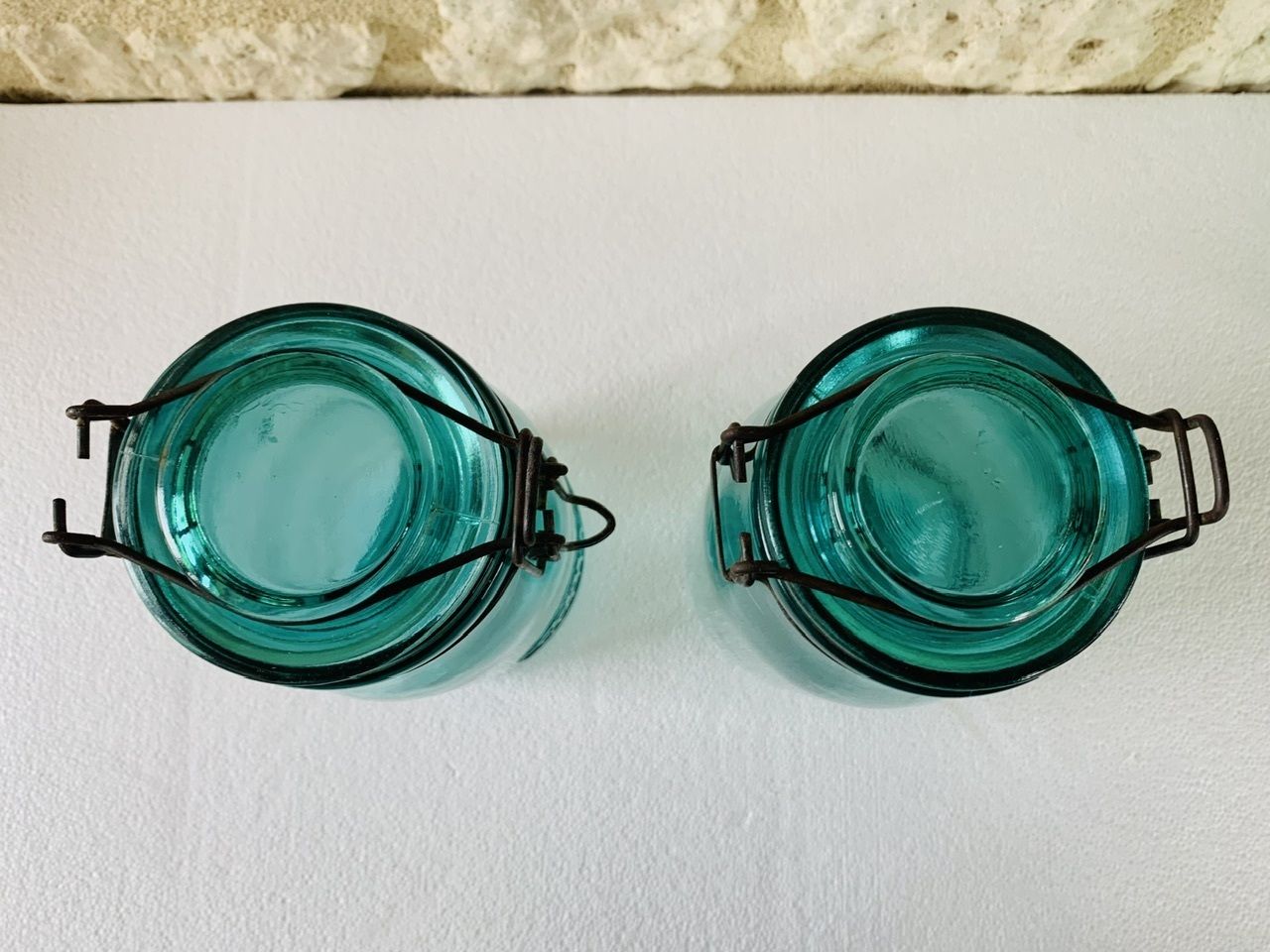 Home Decor Vintage, French, Turquoise Glass Jars From Solidex, 1940s, Set Of 2 photo