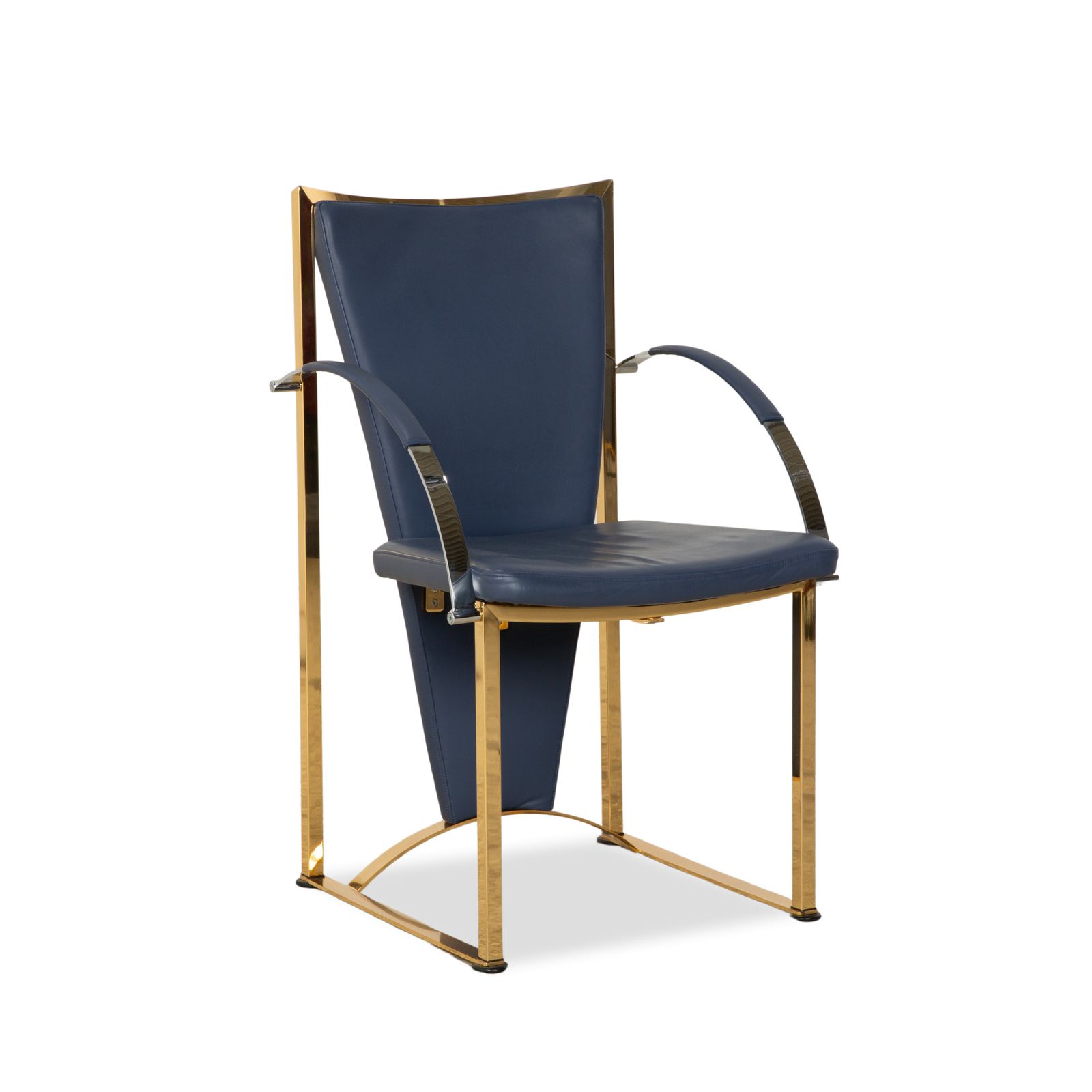 Lot de 4 chaises Ronald Schmitt en cuir bleu, structure dorée photo for sale