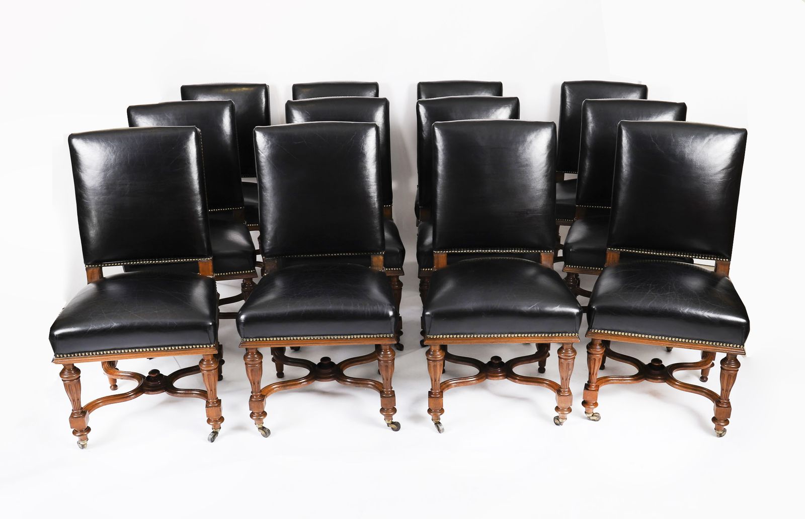 Antique Set 12 French Walnut & Black Leather Upholstered Dining Chairs 19th C