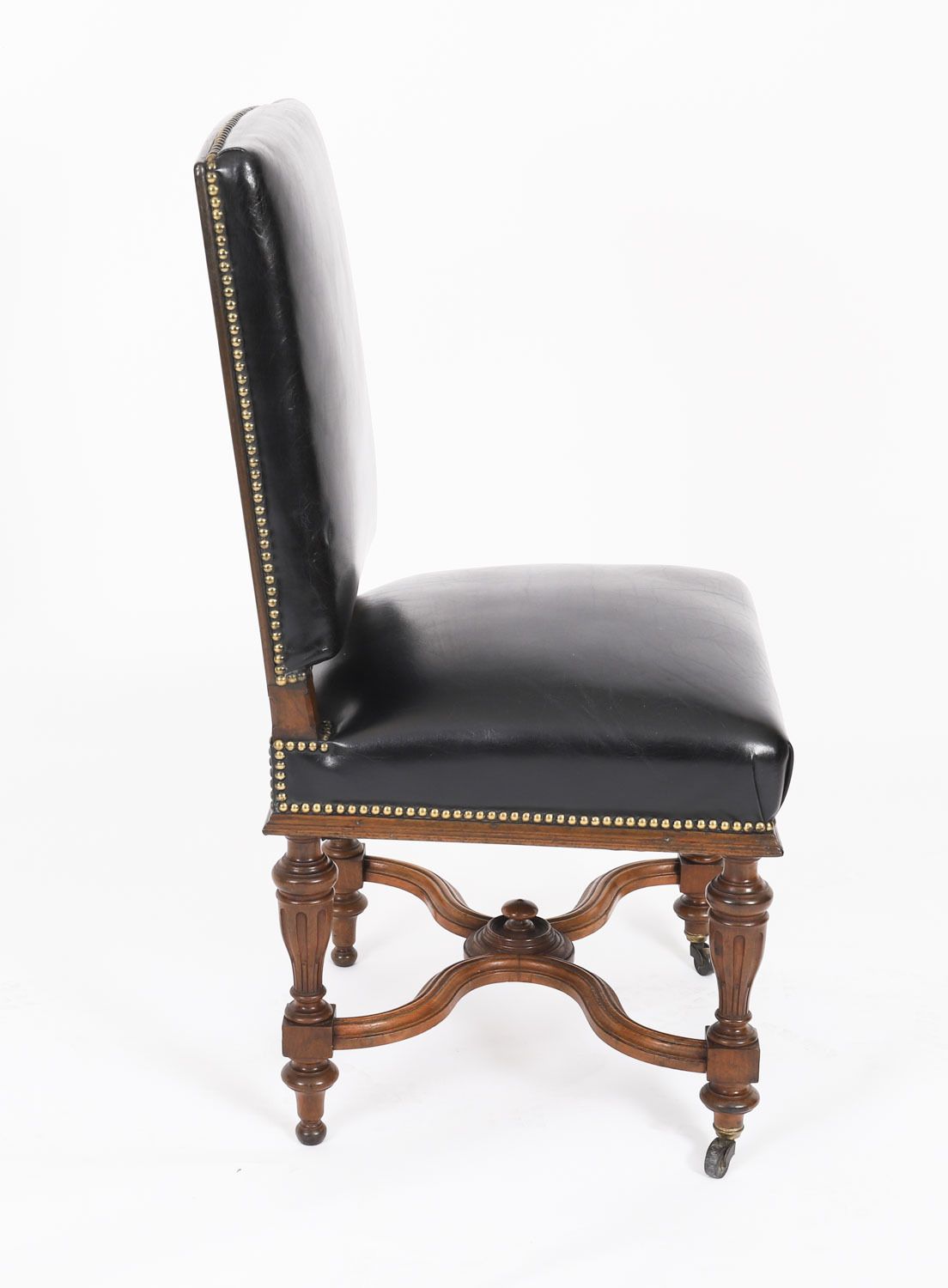 Antique Set 12 French Walnut & Black Leather Upholstered Dining Chairs 19th C photo for sale