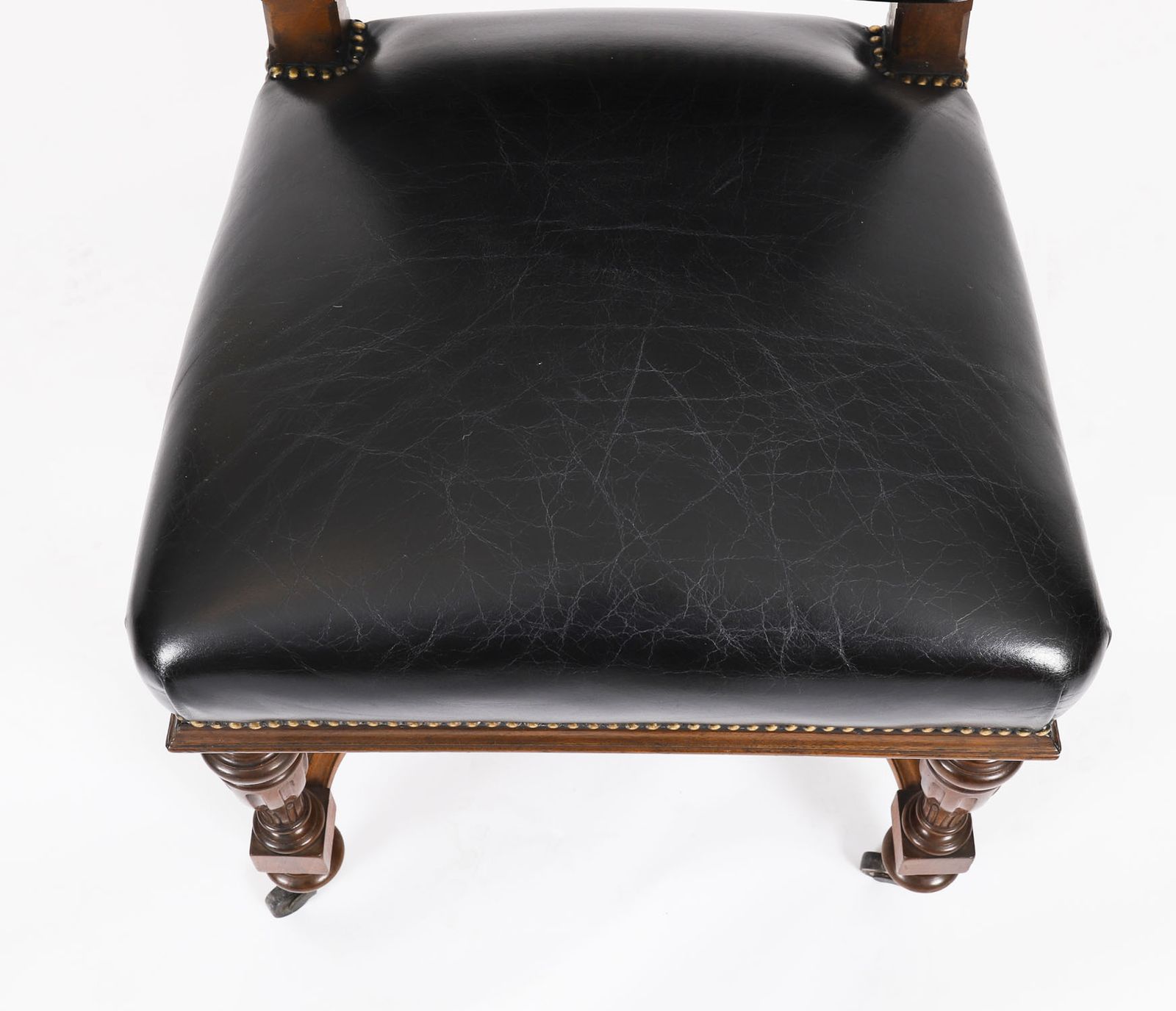 photo furniture Antique Set 12 French Walnut & Black Leather Upholstered Dining Chairs 19th C