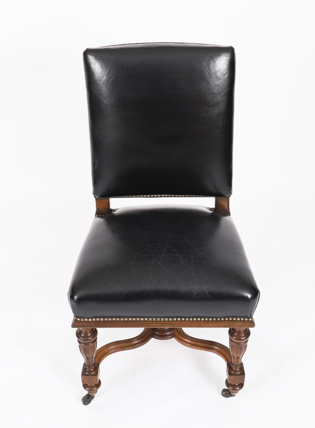Furniture Antique Set 12 French Walnut & Black Leather Upholstered Dining Chairs 19th C photo