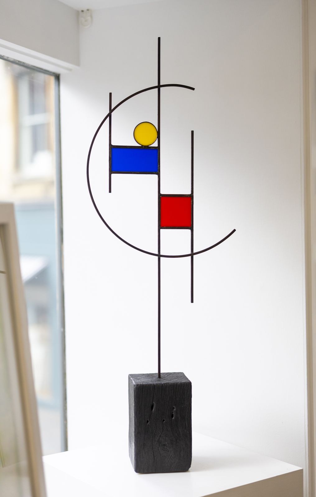 Primary Two, A Freestanding Sculpture Of Steel And Acrylic Colours In An Oak Base.