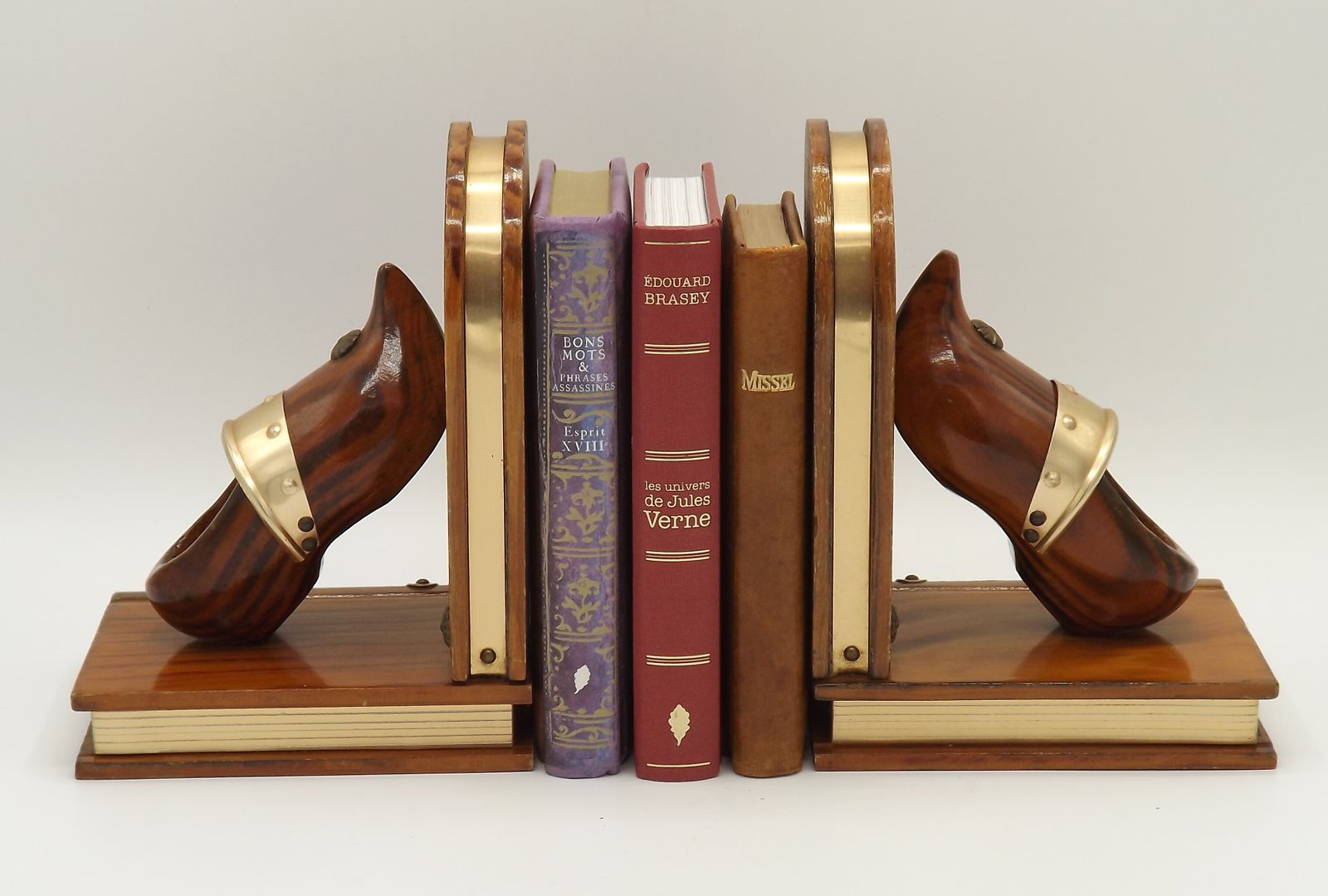 Vintage French Breton Wooden Bookends Handcarved With Book And Clog Design photo vintage