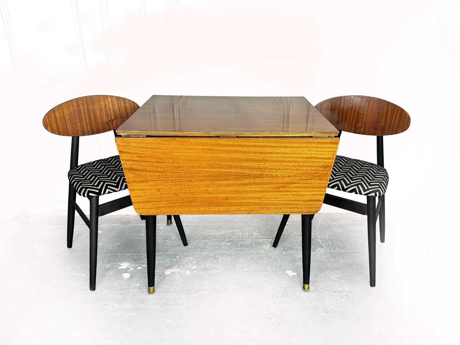 Mid Century Drop Leaf Dining Table And Two Reupholstered Butterfly Dining Chairs