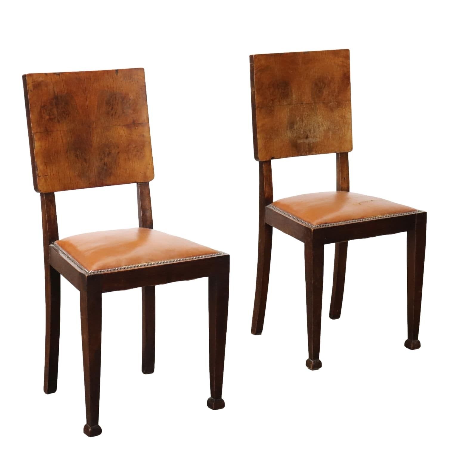Vintage Chairs Beech Burl Veneer Leatherette Design Italy 1940s