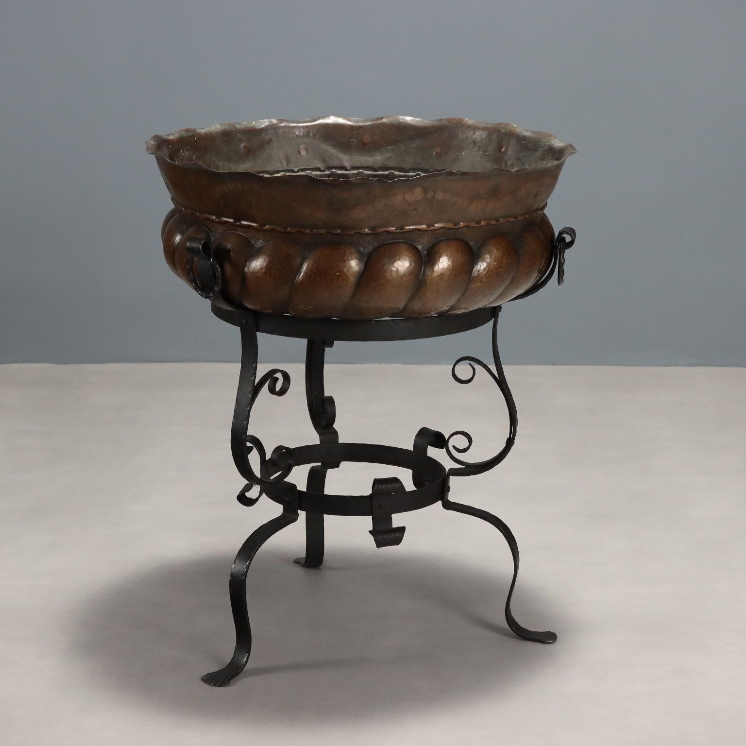 Antique Trypod Planter Wrought Iron Copper Italy XX Century